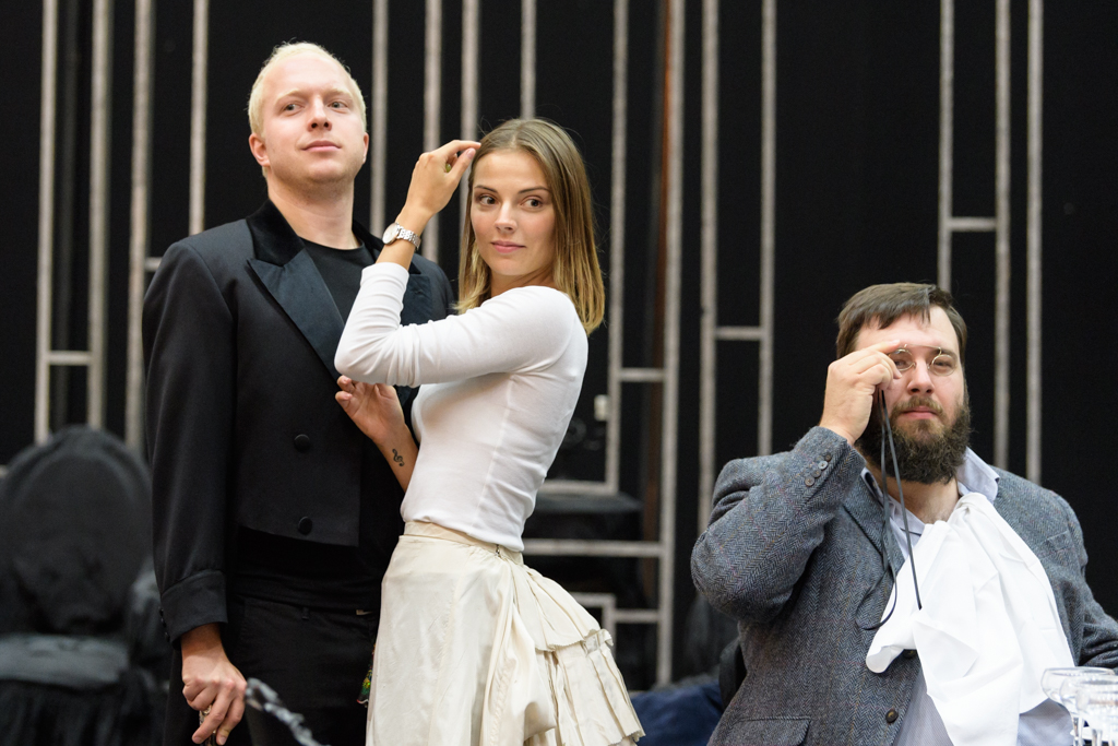 Alex Otterburn, Laura Zigmantaite and James Platt in rehearsals for La traviata. Scottish Opera 2017. Credit Jane Hobson..jpg