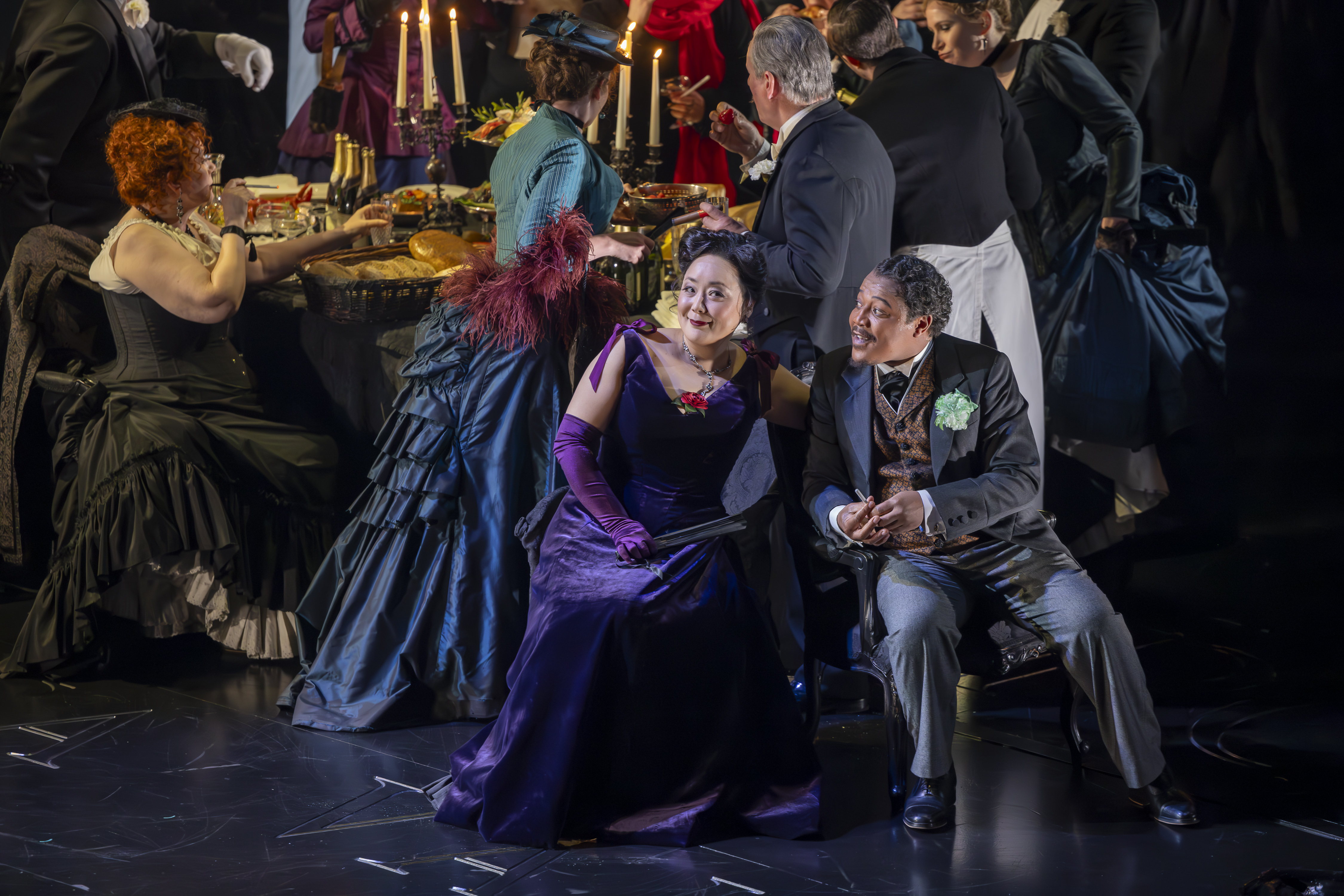 Hye Youn Lee (Violetta Valéry) And Monwabisi Lindi (Gastone) In Scottish Opera's Production Of La Traviata 2024. Credit James Glossop..