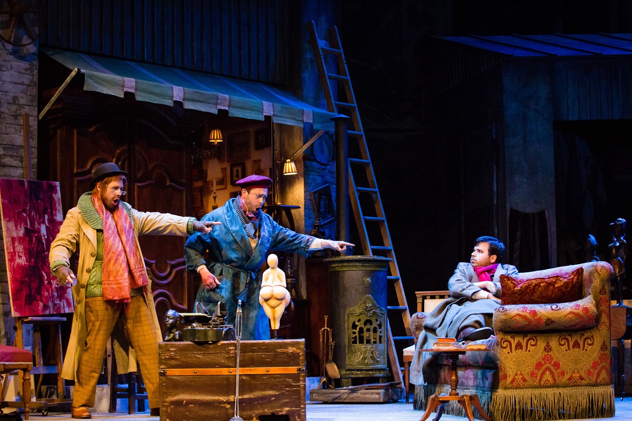 Damien Pass (Colline), David Stout (Marcello) and Luis Gomes (Rodolfo) in La bohème. Scottish Opera 2017. Credit Sally Jubb..jpg