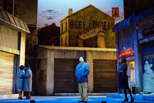 Hye-Youn Lee (Mimi), Luis Gomes (Rodolfo), David Stout (Marcello) and Jeanine De Bique (Musetta) in La bohème. Scottish Opera 2017. Credit Sally Jubb.jpg