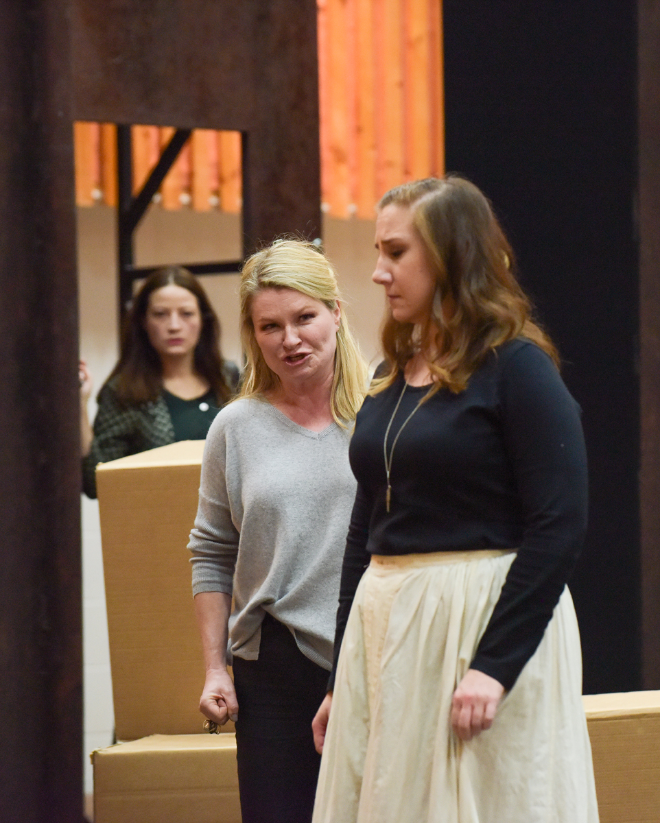 Hanna Hipp (Varvara), Patricia Bardon (Kabanicha) and Laura Wilde (Kátya Kabanová) in rehearsals for Kátya Kabanová. Scottish Opera 2019. Credit Julie Howden..JPG