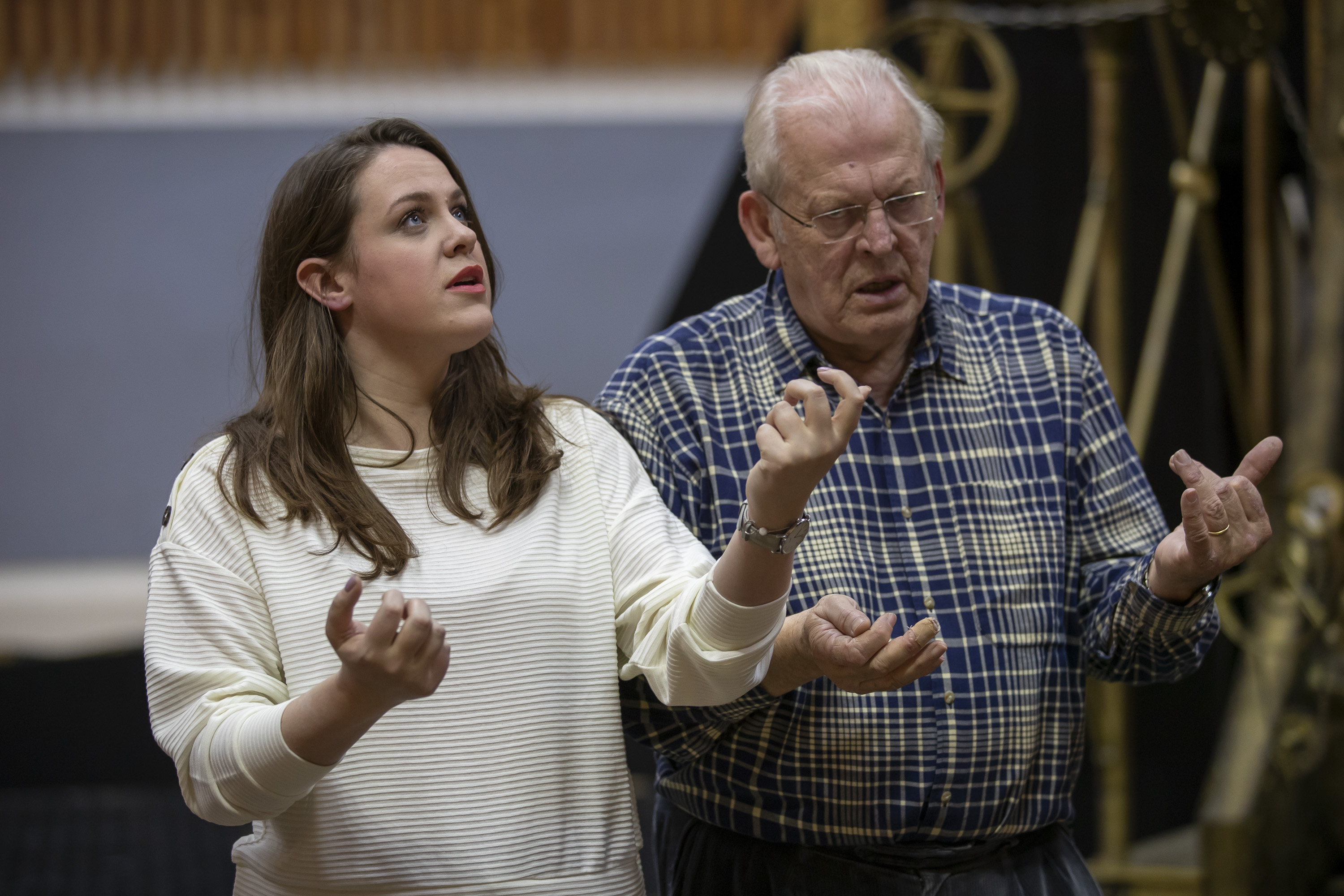 Gemma Summerfield (Pamina) and Director Sir Thomas Allen in rehearsals for The Magic Flute. Scottish Opera 2019. Credit James Glossop.JPG