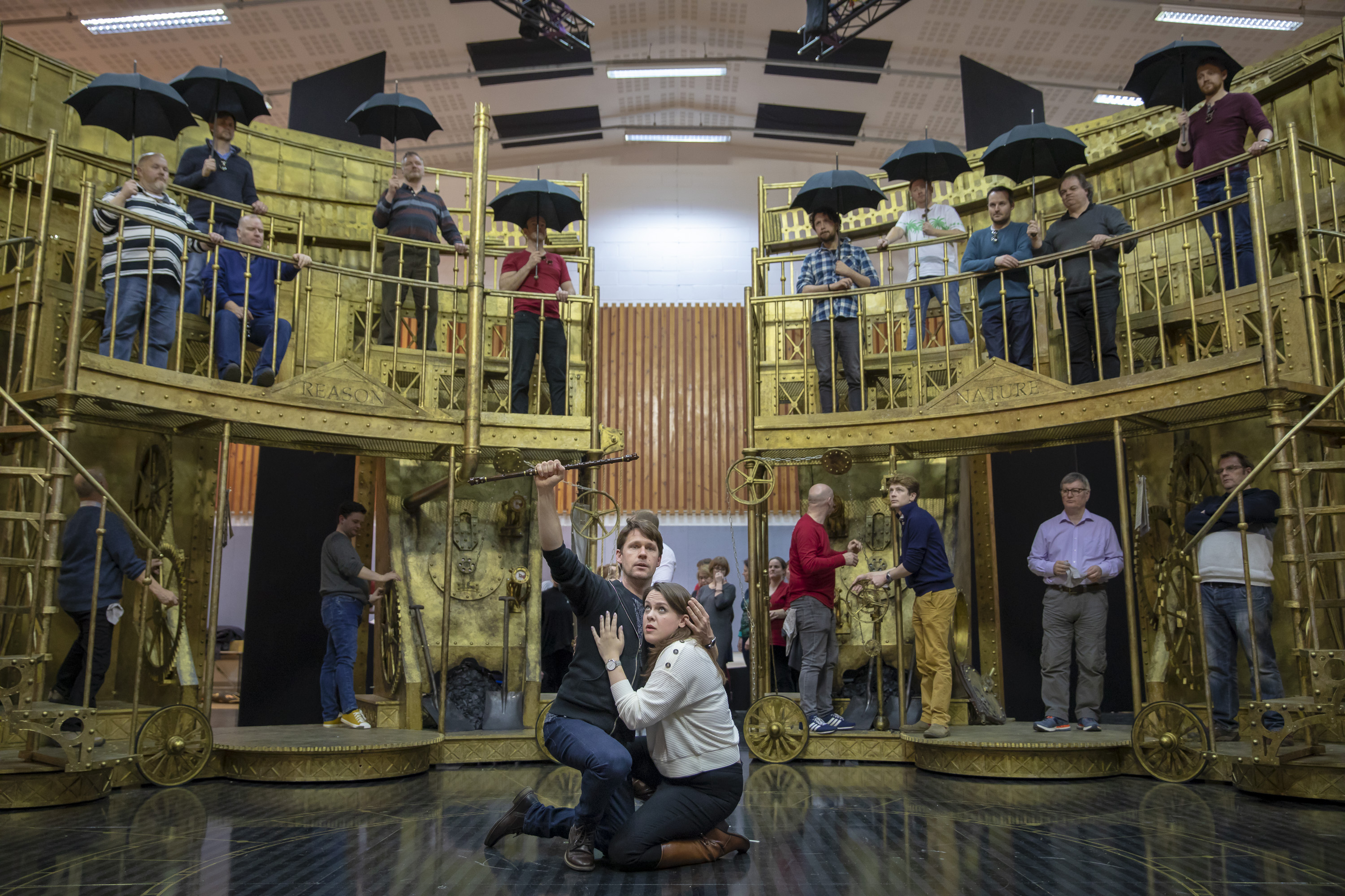 Peter Gijsbertsen (Tamino) and Gemma Summerfield (Pamina) with the Chorus of The Magic Flute in rehearsals. Scottish Opera 2019. Credit James Glossop (1).JPG