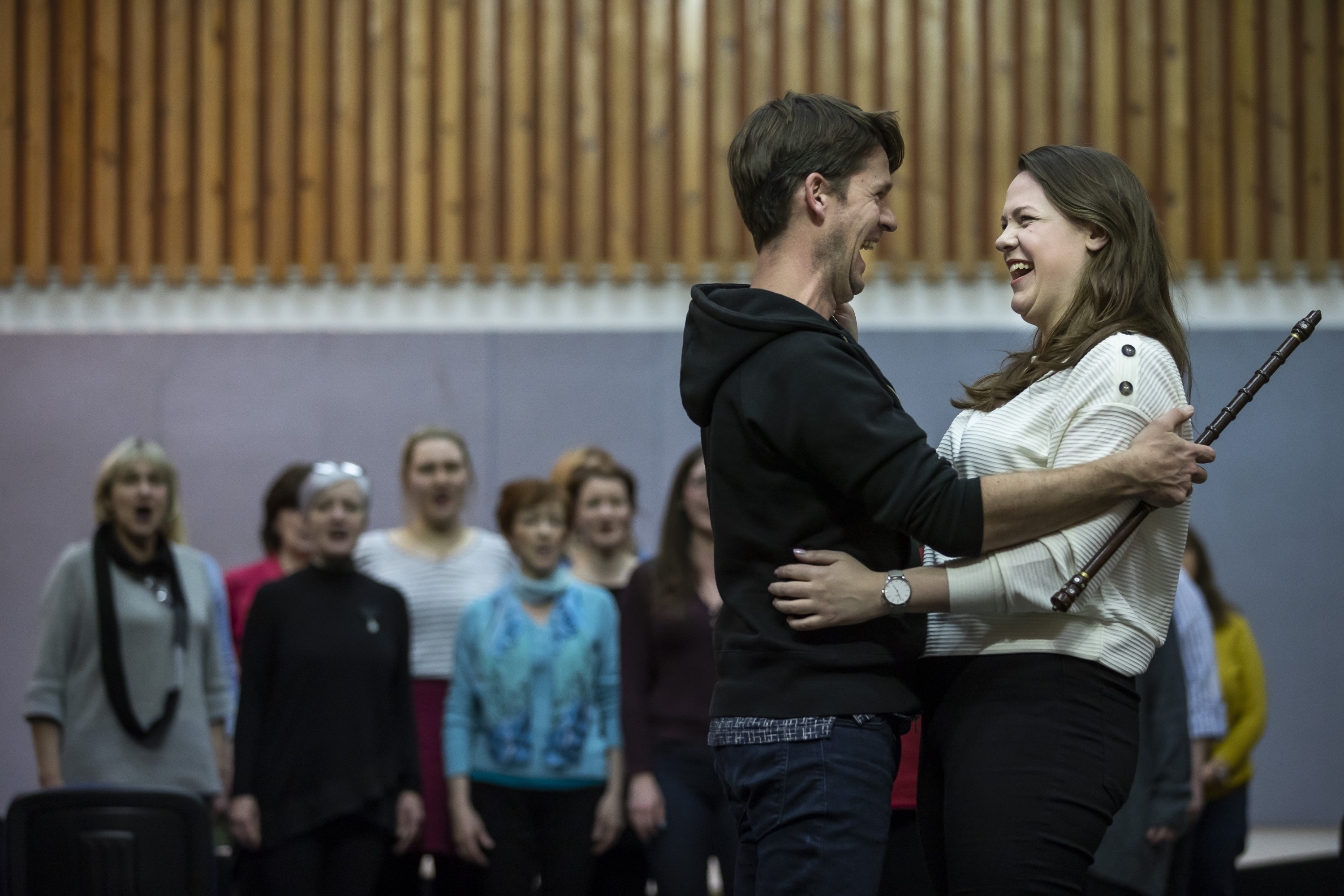 Peter Gijsbertsen (Tamino) and Gemma Summerfield (Pamina) with the Chorus of The Magic Flute in rehearsals. Scottish Opera 2019. Credit James Glossop (2).JPG