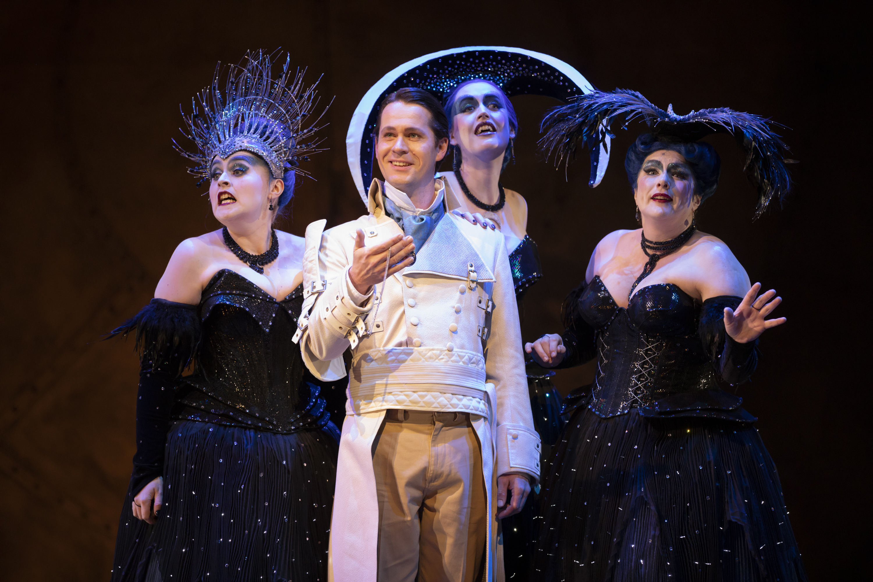 Bethan Langford, Jeni Bern, Sioned Gwen Davies (Three Ladies) and Peter Gijsbertsen (Tamino) in The Magic Flute. Scottish Opera 2019. Credit James Glossop (2).JPG