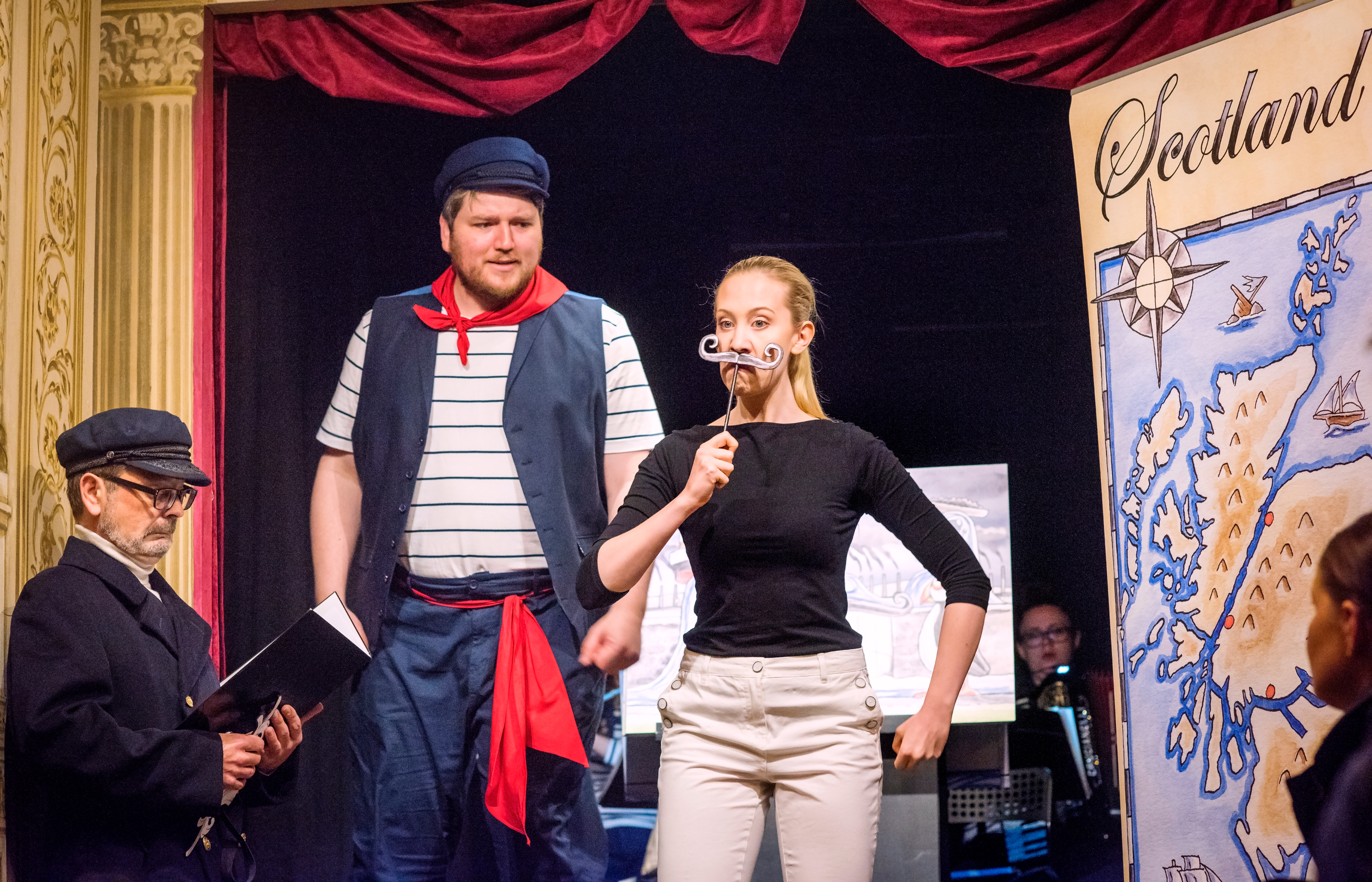 Ross Stenhouse, Aidan Edwards and Charlotte Hoather in Puffy McPuffer and the Crabbit Canals. Scottish Opera 2019. Credit Julie Howden.JPG