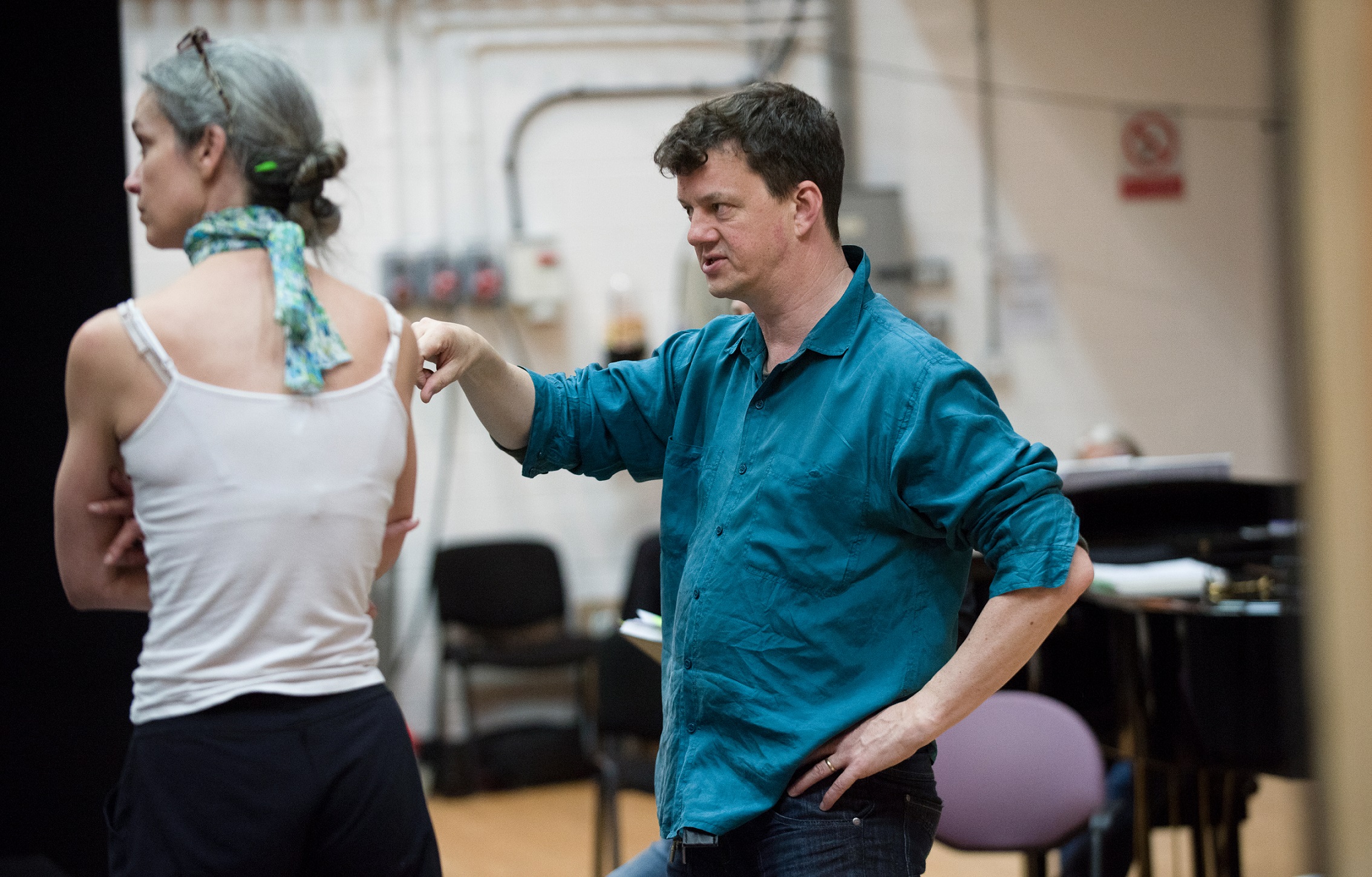 Director Tom Morris with Sara Brodie (Associate Director and Movement) during Breaking the Waves rehearsals. Credit Julie Howden..jpg