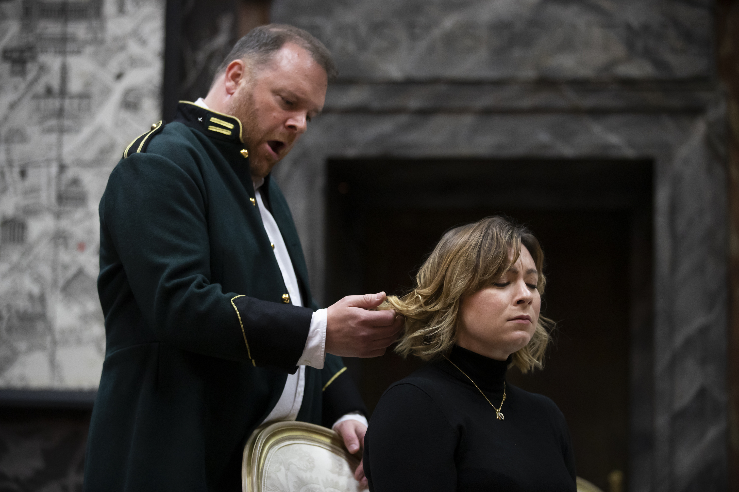Natalya Romaniw (Tosca) and Roland Wood (Scarpia) in Tosca rehearsals. Scottish Opera 2019. Credit James Glossop. (2).JPG