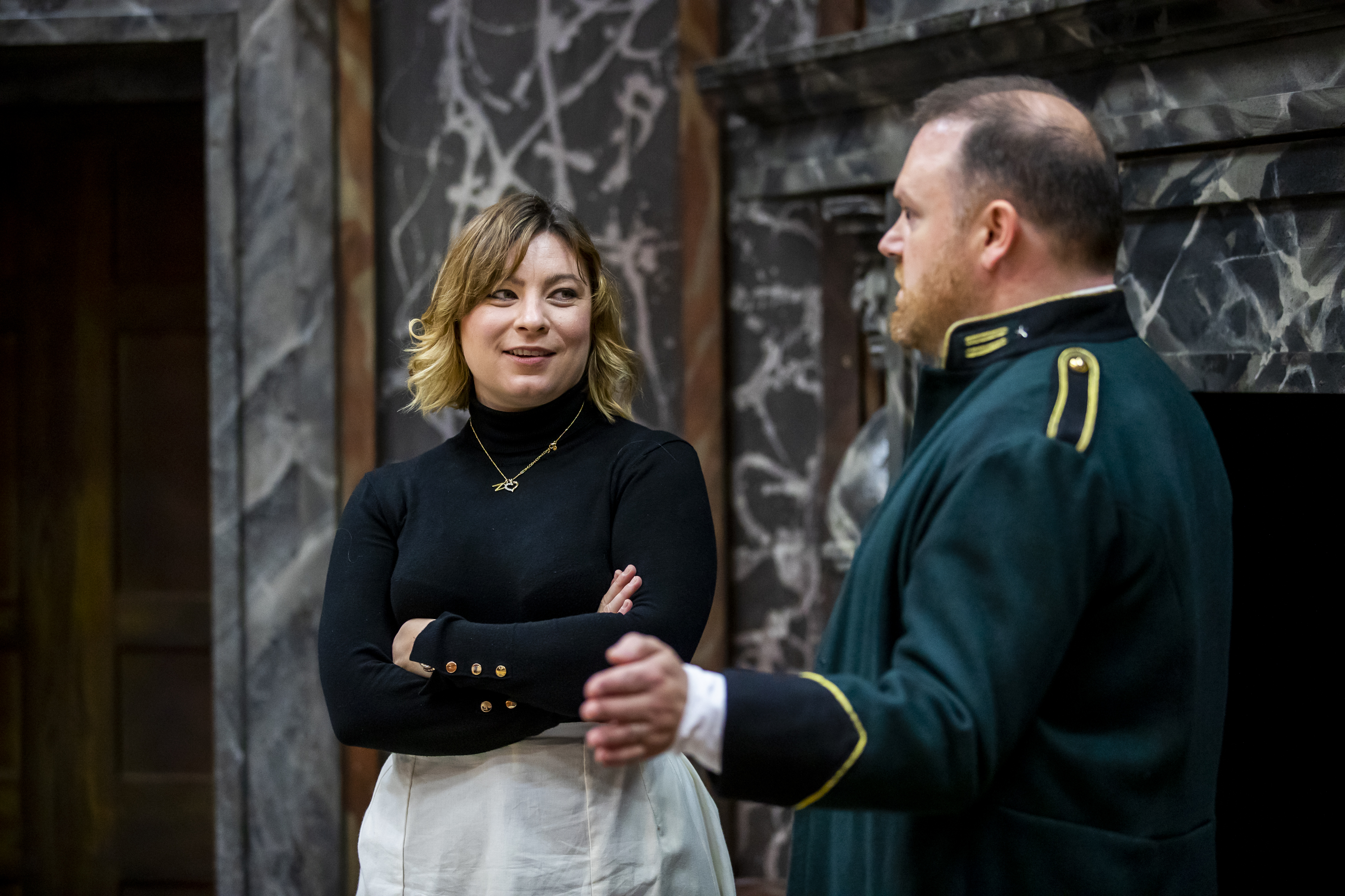Natalya Romaniw (Tosca) and Roland Wood (Scarpia) in Tosca rehearsals. Scottish Opera 2019. Credit James Glossop..JPG