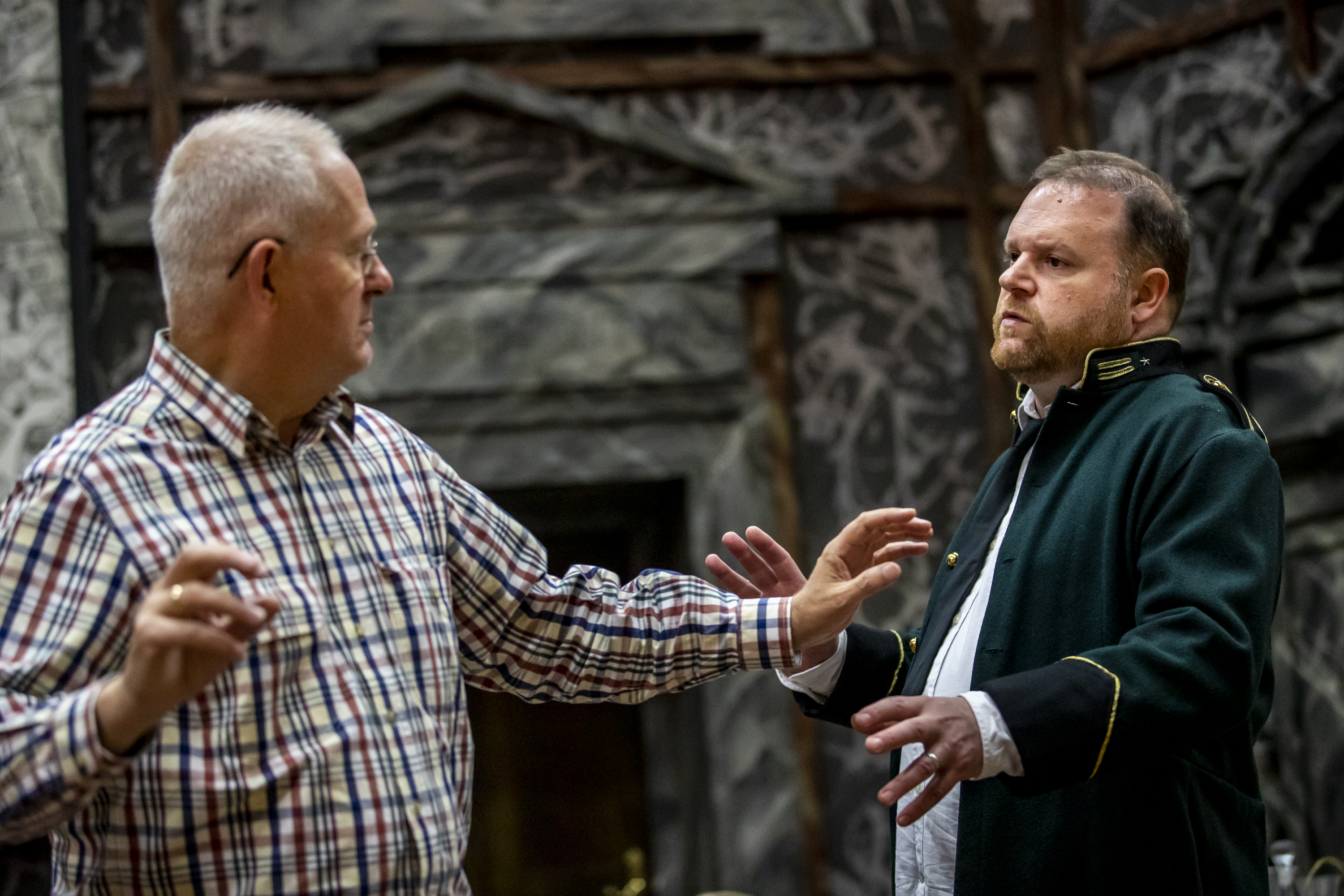 Revival Director Jonathan Cocker with Roland Wood (Scarpia) in Tosca rehearsals. Scottish Opera 2019. Credit James Glossop..JPG