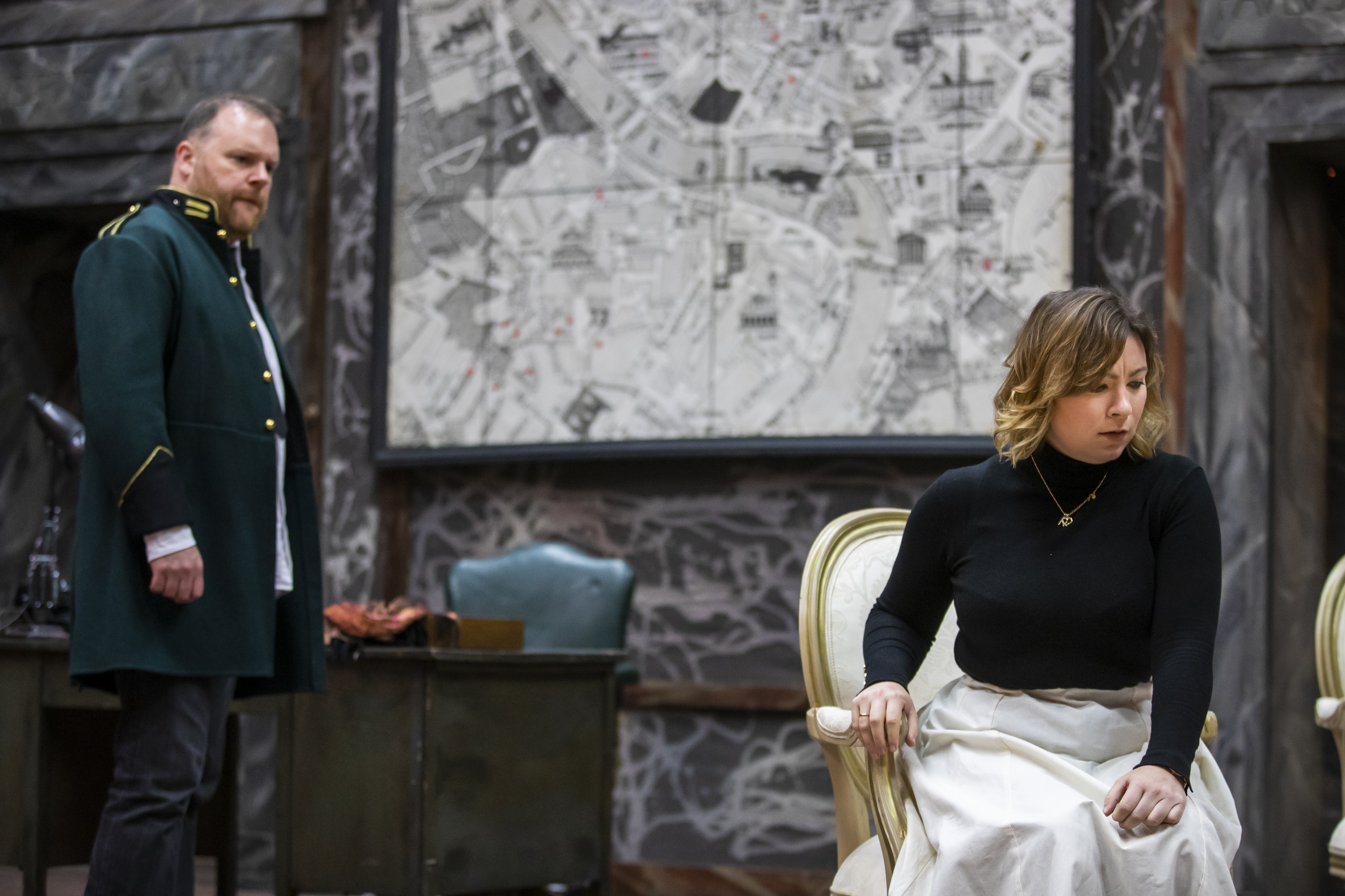 Roland Wood (Scarpia) and Natalya Romaniw (Tosca) in Tosca rehearsals. Scottish Opera 2019. Credit James Glossop..JPG