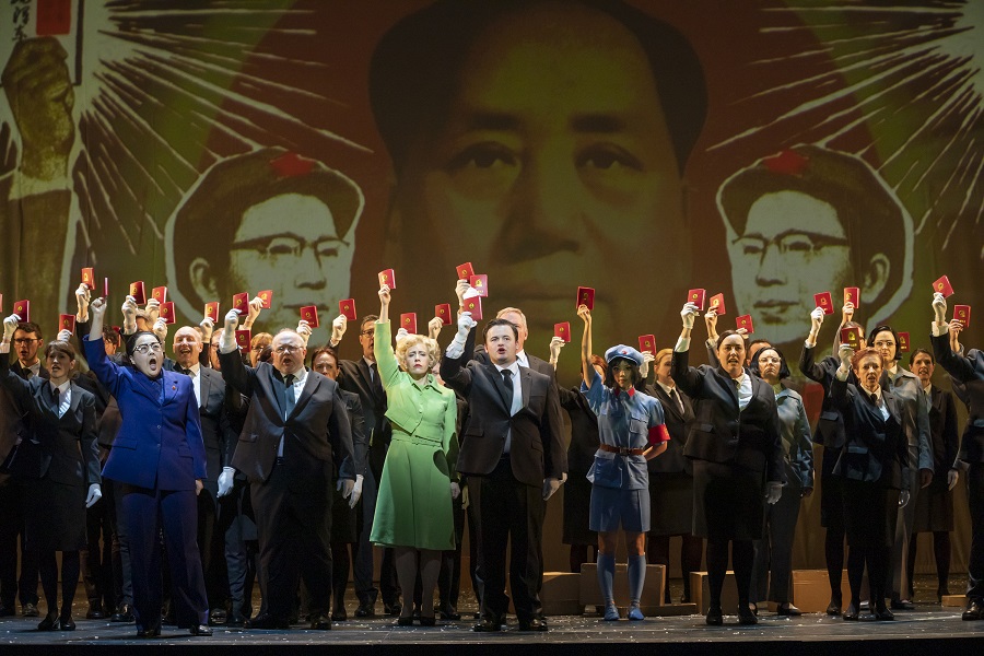 Hye-Youn Lee (Madame Mao), Julia Sporsén (Pat Nixon) and The Chorus of Nixon in China. Scottish Opera 2020. Credit James Glossop..JPG