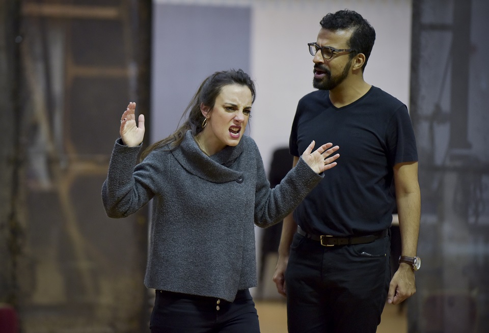 Clare Presland (Hermia) and Michel de Souza (Demetrius) in A Midsummer Night's Dream rehearsal. Scottish Opera 2020. Credit Julie Howden..JPG