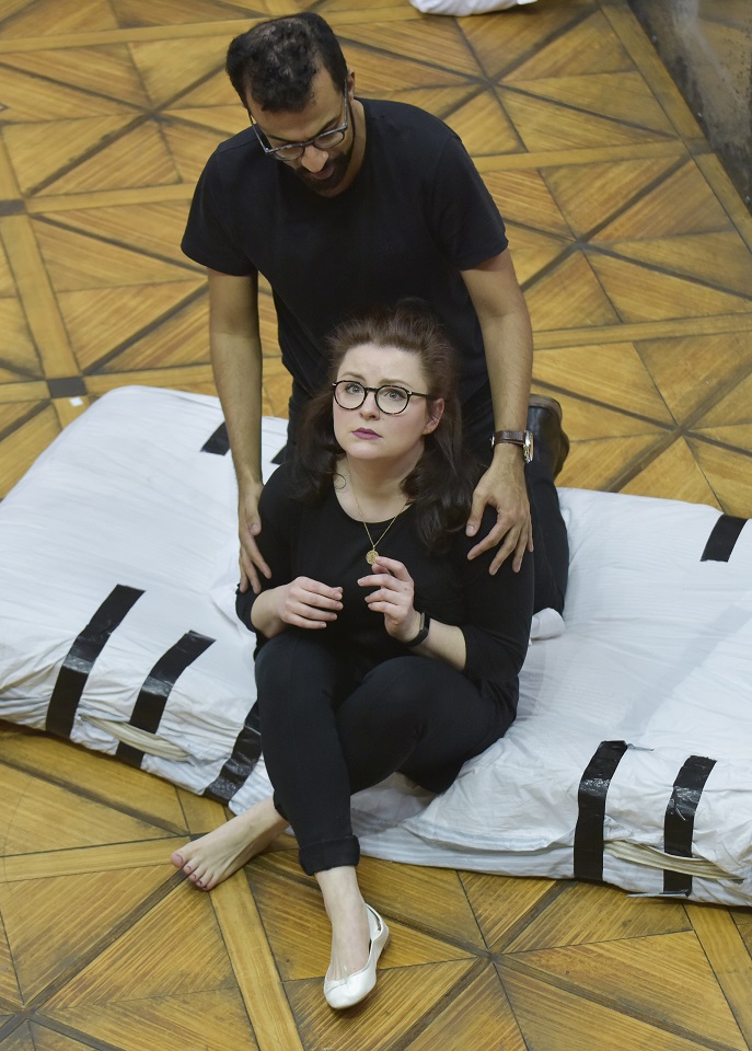 Michel de Souza (Demetrius) and Charlie Drummond (Helena) during A Midsummer Night's Dream rehearsals. ..JPG