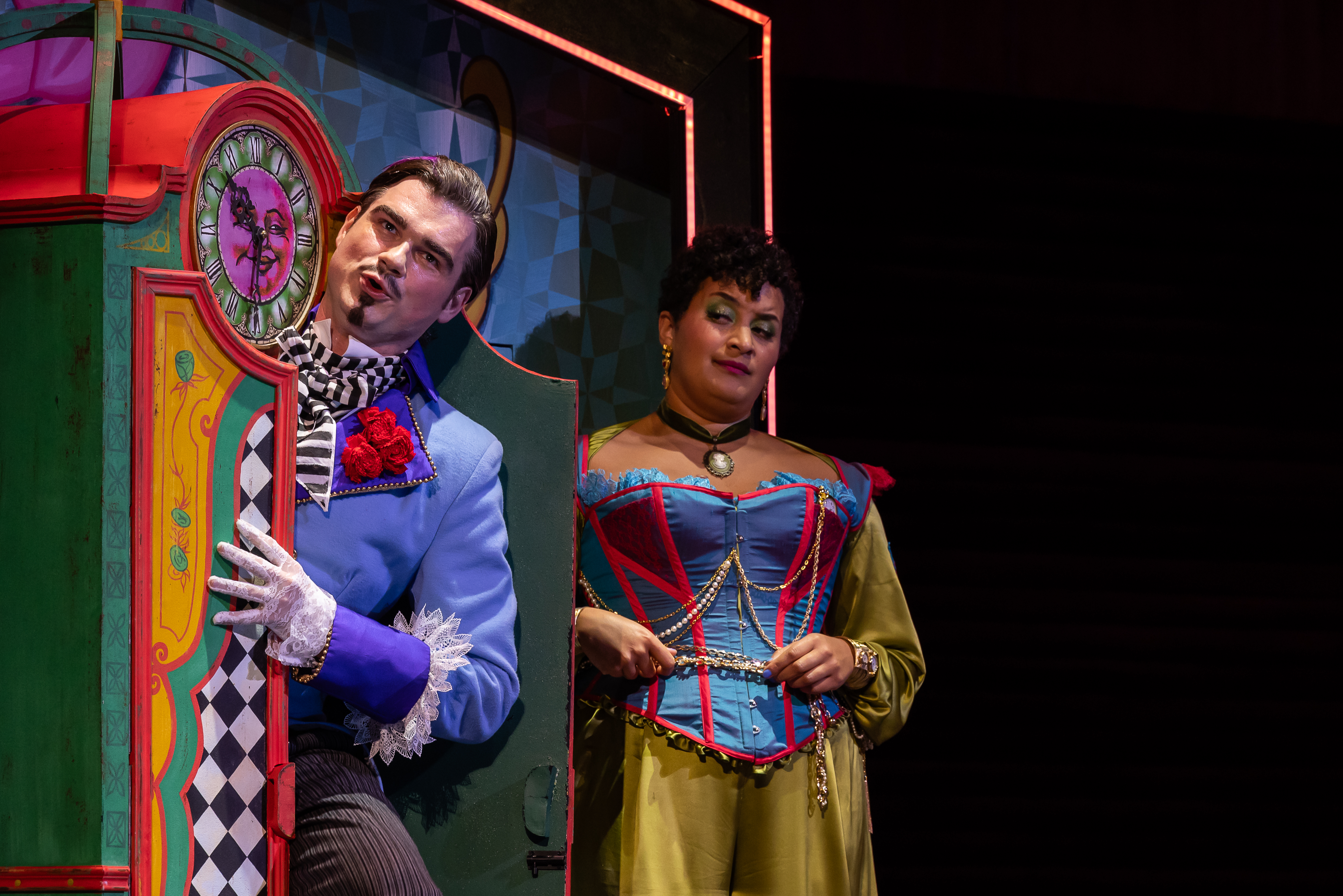 Edward Jowle (Don Inigo Gomez) And Lea Shaw (Concepcion), In L'heure Espagnole. Scottish Opera. Credit Sally Jubb..