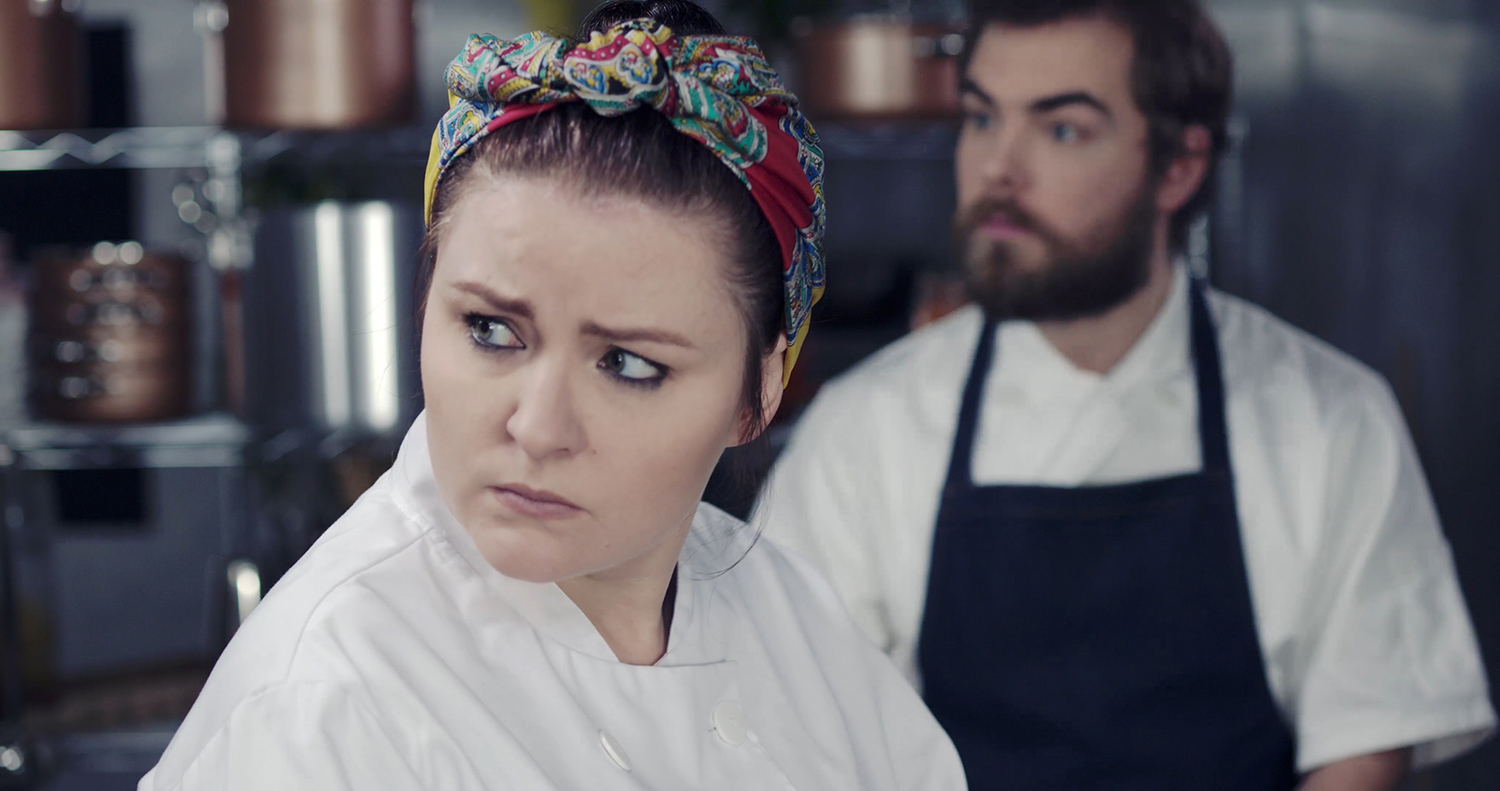 Belle (Charlie Drummond) looking concerned and Angus (Arthur Bruce) in The Narcissistic Fish