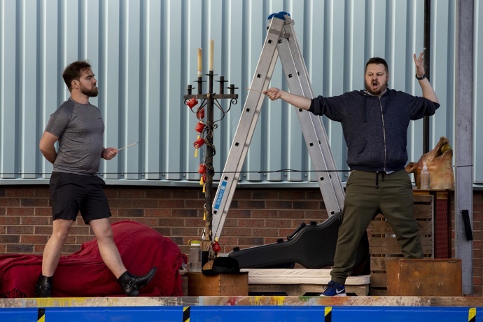 Arthur Bruce (Schaunard) and David Ireland (Colline). La Boheme Rehearsals. Scottish Opera 2020. Credit James Glossop (2).JPG