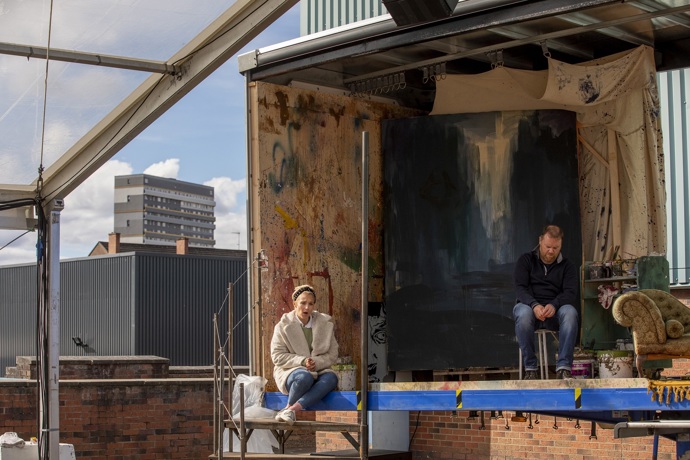 Rhian Lois (Musetta) and David Ireland (Colline). La Boheme rehearsals. Scottish Opera 2020. Credit James Glossop.JPG