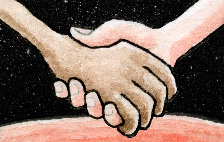 Illustration of two hands holding against the backdrop of space and a red planet