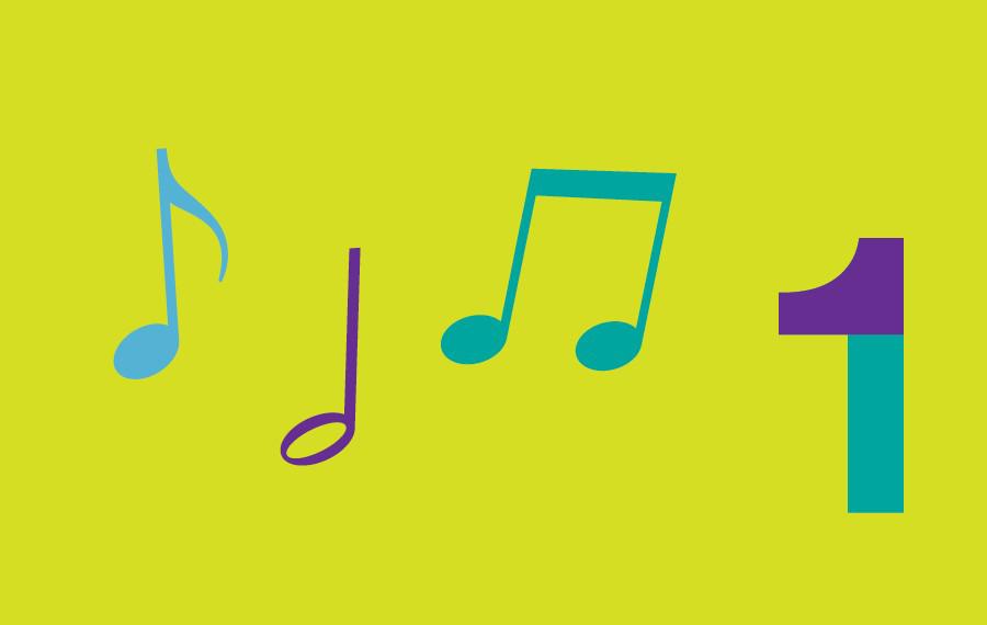 Illustration of blue and purple musical notes and the number 1 against a yellow background