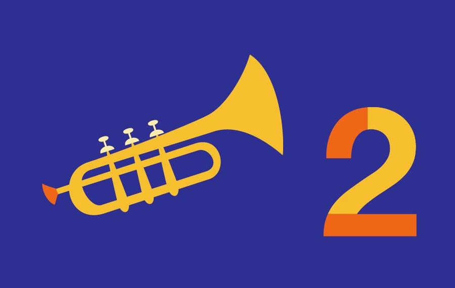 Illustration of a trumpet with the number 2 against a dark blue background