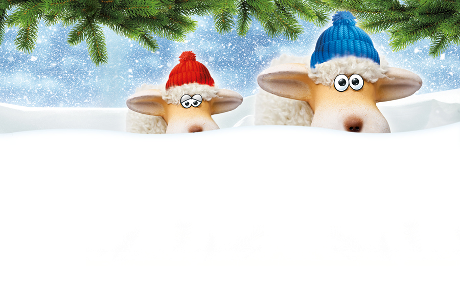 Two cartoon sheep in the snow wearing red and blue woolly hats