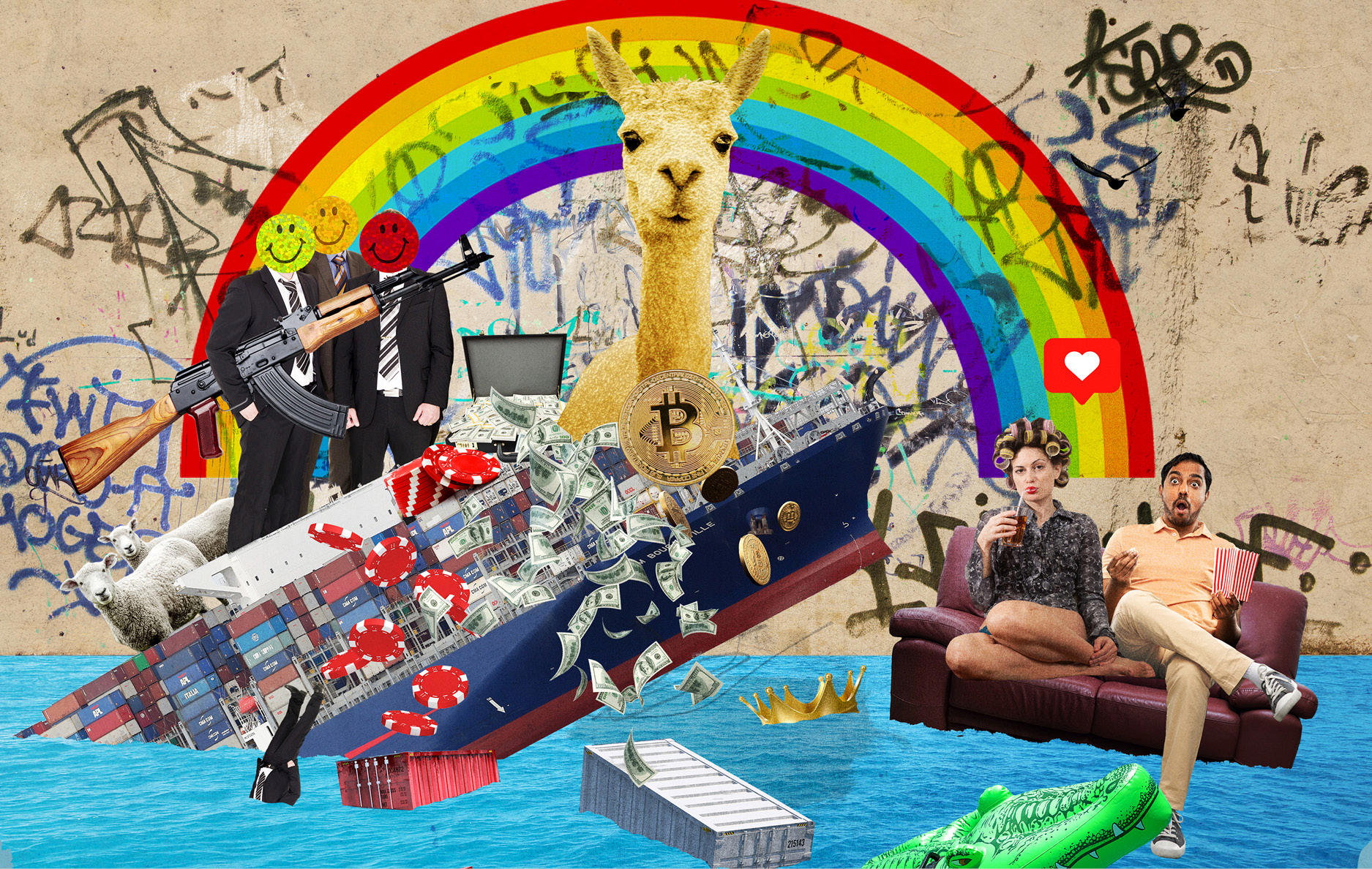 Collage of many images including a llama, a rainbow, graffiti, a sinking cargo ship, a floating sofa with a man and a woman sitting on it, money, an inflatable crocodile, sheep, three men in suits with a gun and smiley face stickers over their heads