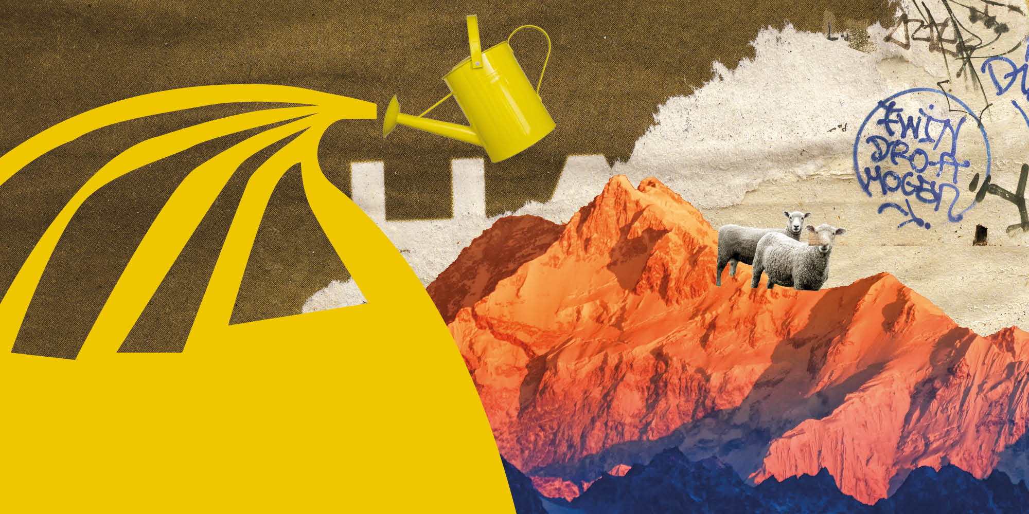 A collage featuring a mountain range and two sheep, and a yellow watering can.