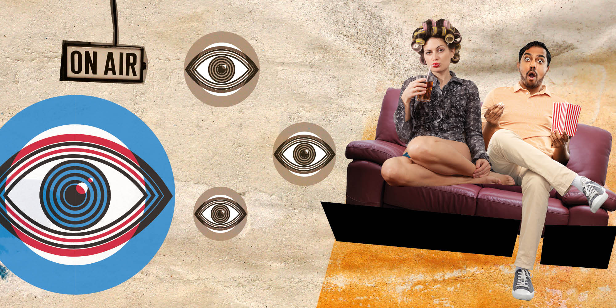 Collage featuring a woman and a man sat on a sofa. The woman has curlers in her hair and is sipping a drink from a straw. The man looks surprised and is eating popcorn. There are cartoon eyes and an On Air sign.