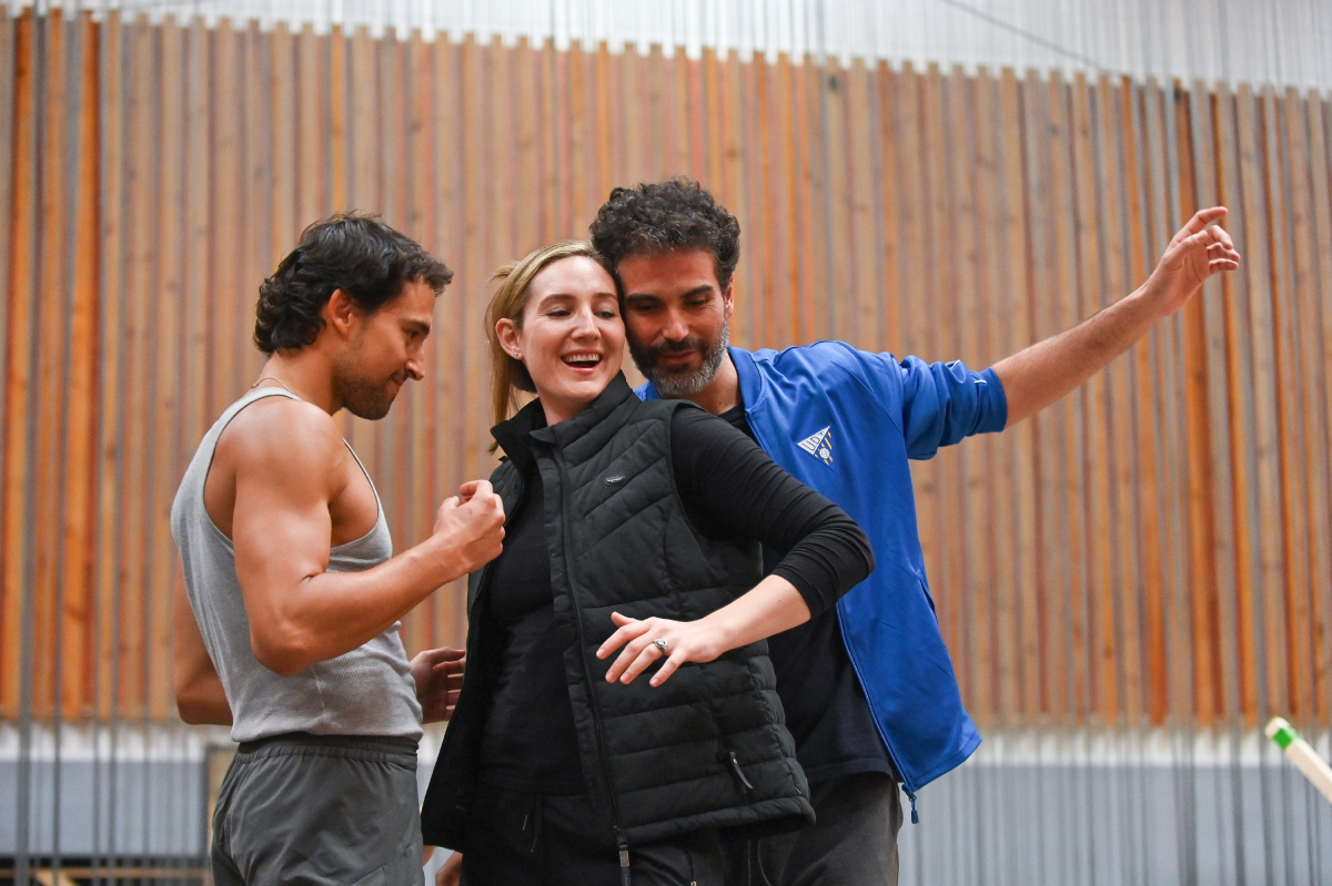 Aitor Hernandez, Samantha Hankey (Federico García Lorca) and Juan Pedro Delgado in rehearsals for Ainadamar. 