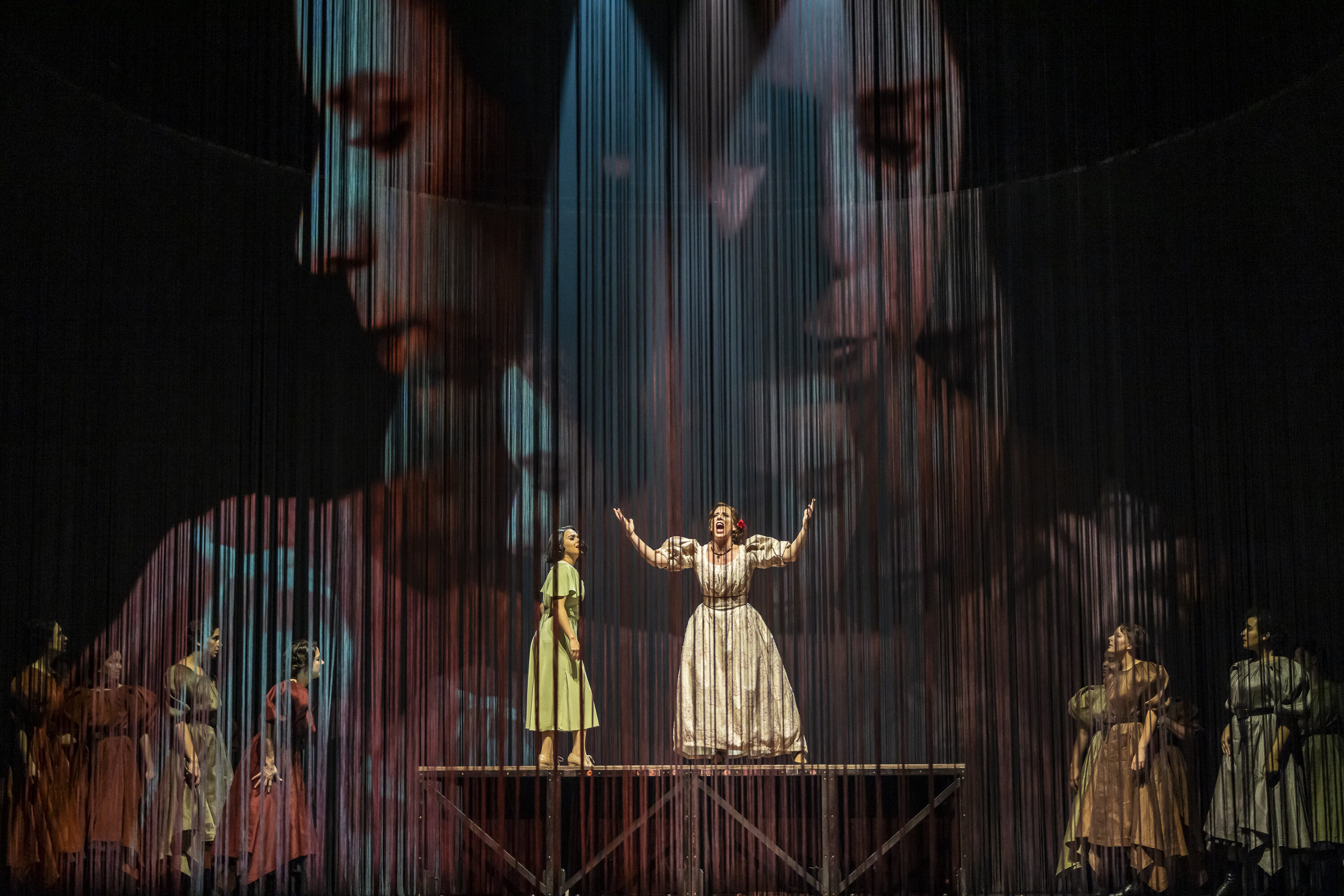 Julieth Lozano (Nuria) and Lauren Fagan (Margarita Xirgu) in Ainadamar Dress Rehearsal. Scottish Opera 2022. Credit James Glossop.