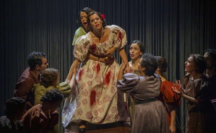 Julieth Lozano (Nuria), Lauren Fagan (Margarita Xirgu) and ensemble in Ainadamar. Scottish Opera 2022. Credit James Glosso.JPG