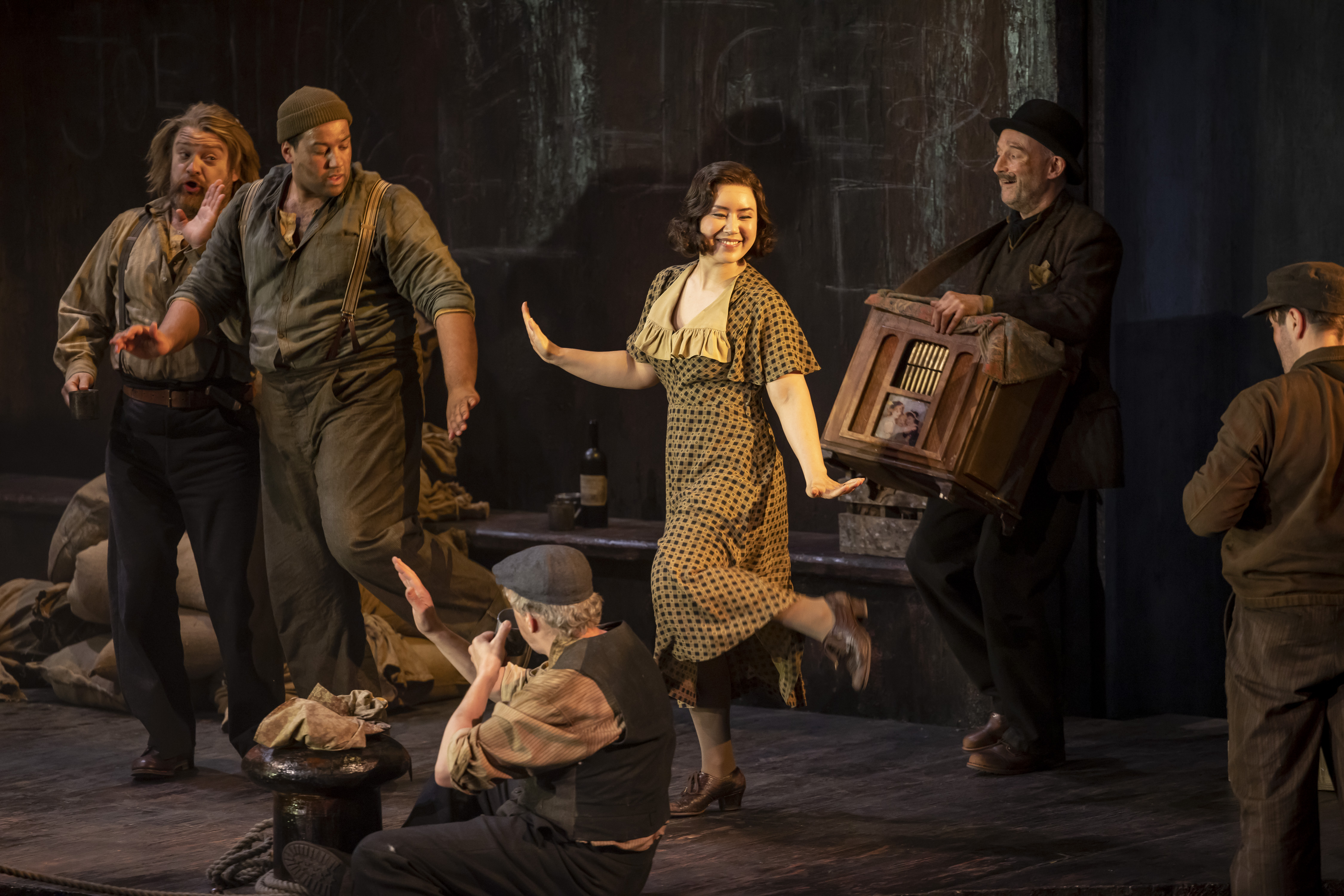 Viktor Antipenko, Allan Othieno, Sunyoung Seo and Keith MacPherson in the dress rehearsal of Il tabarro. Scottish Opera 2023. Credit James Glossop..JPG (1)