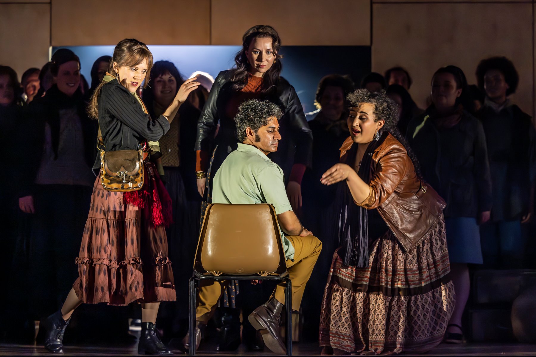 (l to r) Zoe Drummond (Frasquita), Justina Gringytė (Carmen), Alok Kumar (Don José) and Lea Shaw (Mercédès) in Carmen. Scottish Opera 2023. Credit James Glossop.