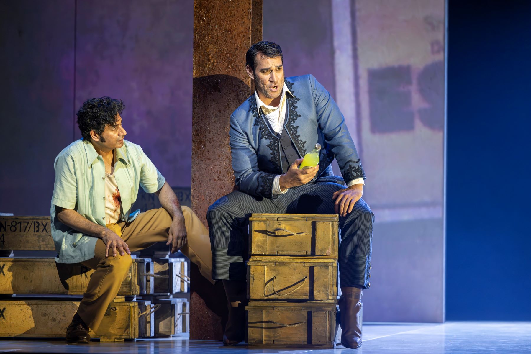 Alok Kumar (Don José) and Phillip Rhodes (Escamillo) in Carmen. Scottish Opera 2023. Credit James Glossop.