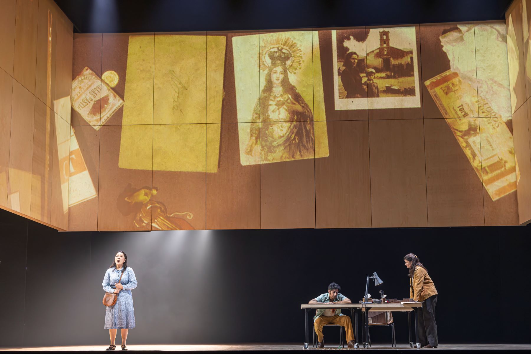 Hye-Youn Lee (Micaëla), Alok Kumar (Don José) and Carmen Pieraccini (Investigator) in Carmen. Scottish Opera 2023. Credit James Glossop.