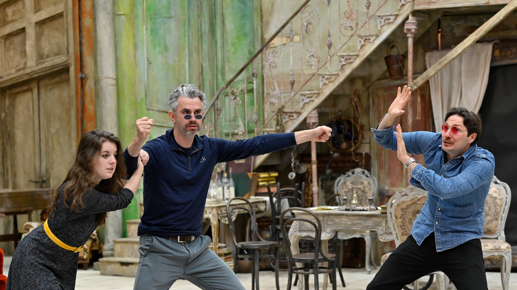 Simone McIntosh (Rosina), Anthony Gregory (Count Almaviva), and Samuel Dale Johnson (Figaro) during The Barber of Seville rehearsals. Credit Julie Howden.jpg