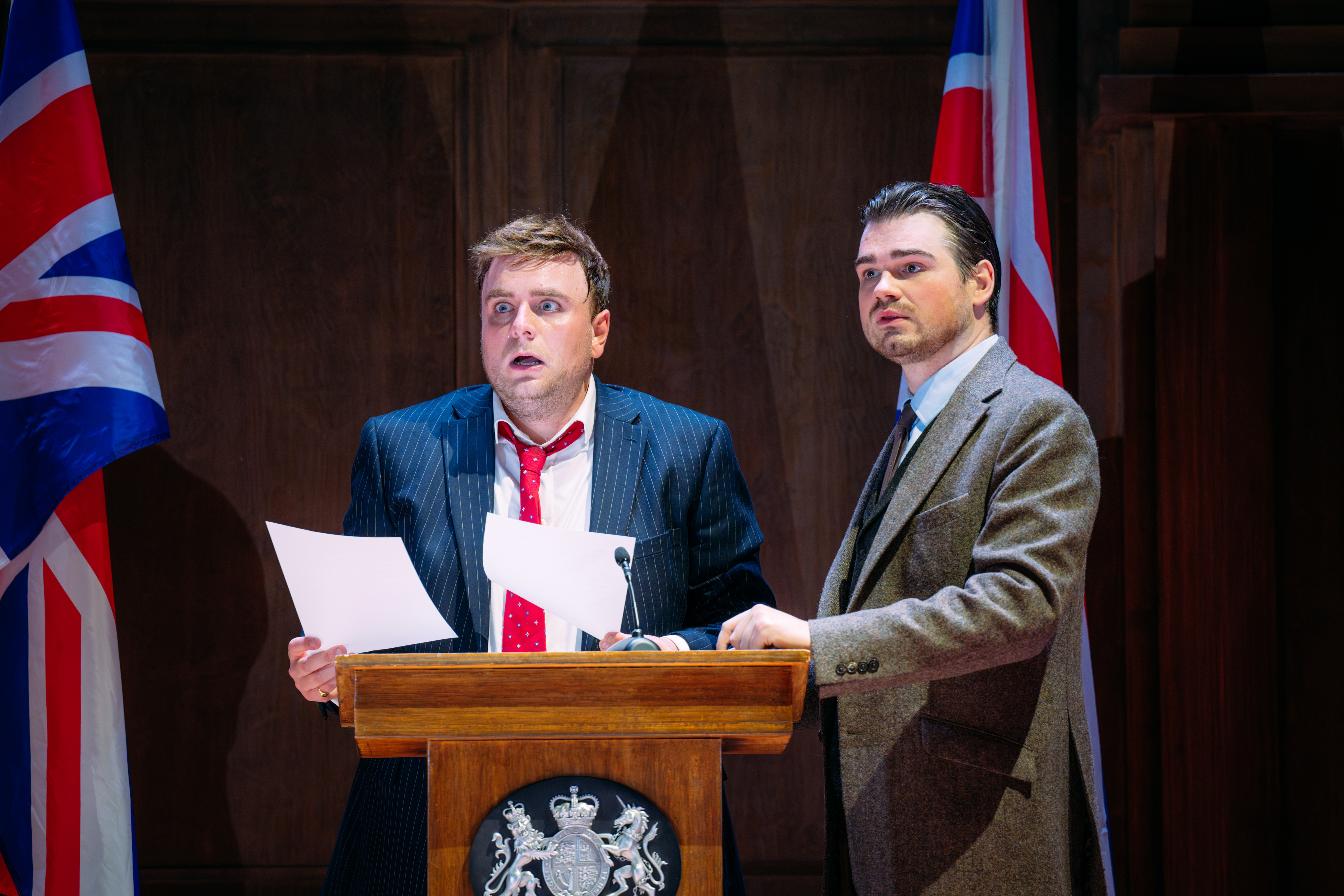 Emerging Artists Ross Cumming (Roger Penistone) and Edward Jowle (Hugo Cheeseman) in A Matter Of Misconduct!. Credit Mihaela Bodlovic..