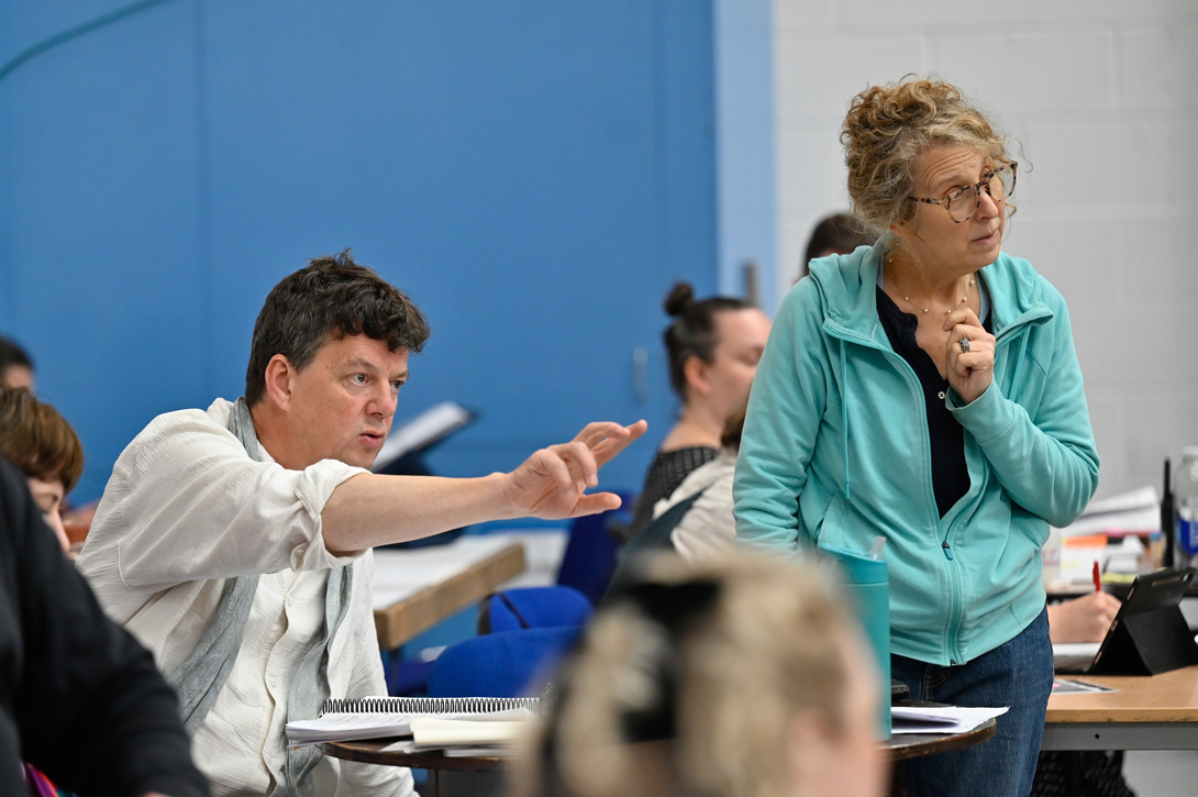 Tom Morris (Director) and Leah Hausman (Movement Director) in rehearsal for The Galloping Cure. Scottish Opera 2026. Credit Julie Howden..