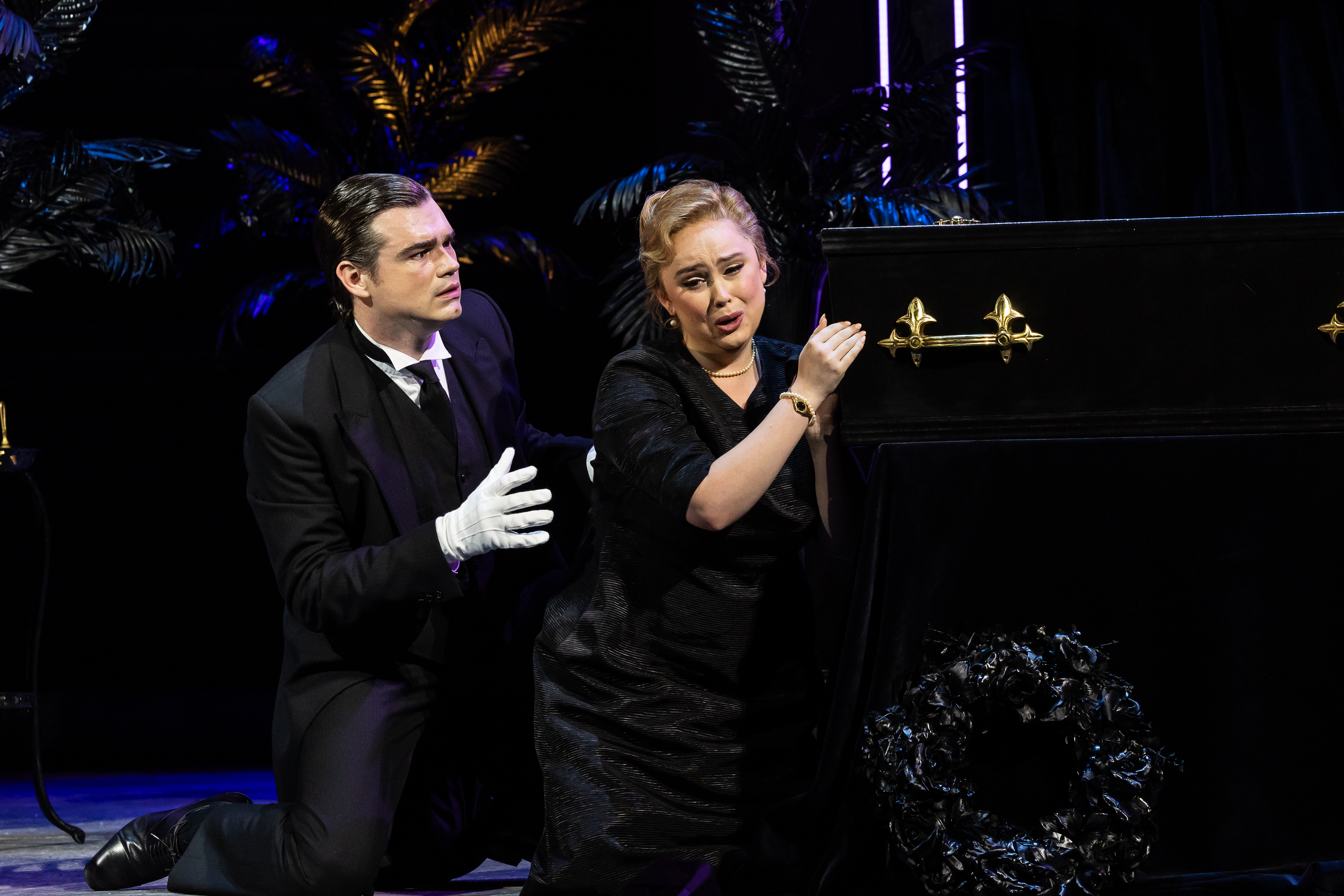 Edward Jowle (Luca) And Chloe Harris (Yelena Ivanova Popova) In The Bear. Scottish Opera. Credit Sally Jubb..