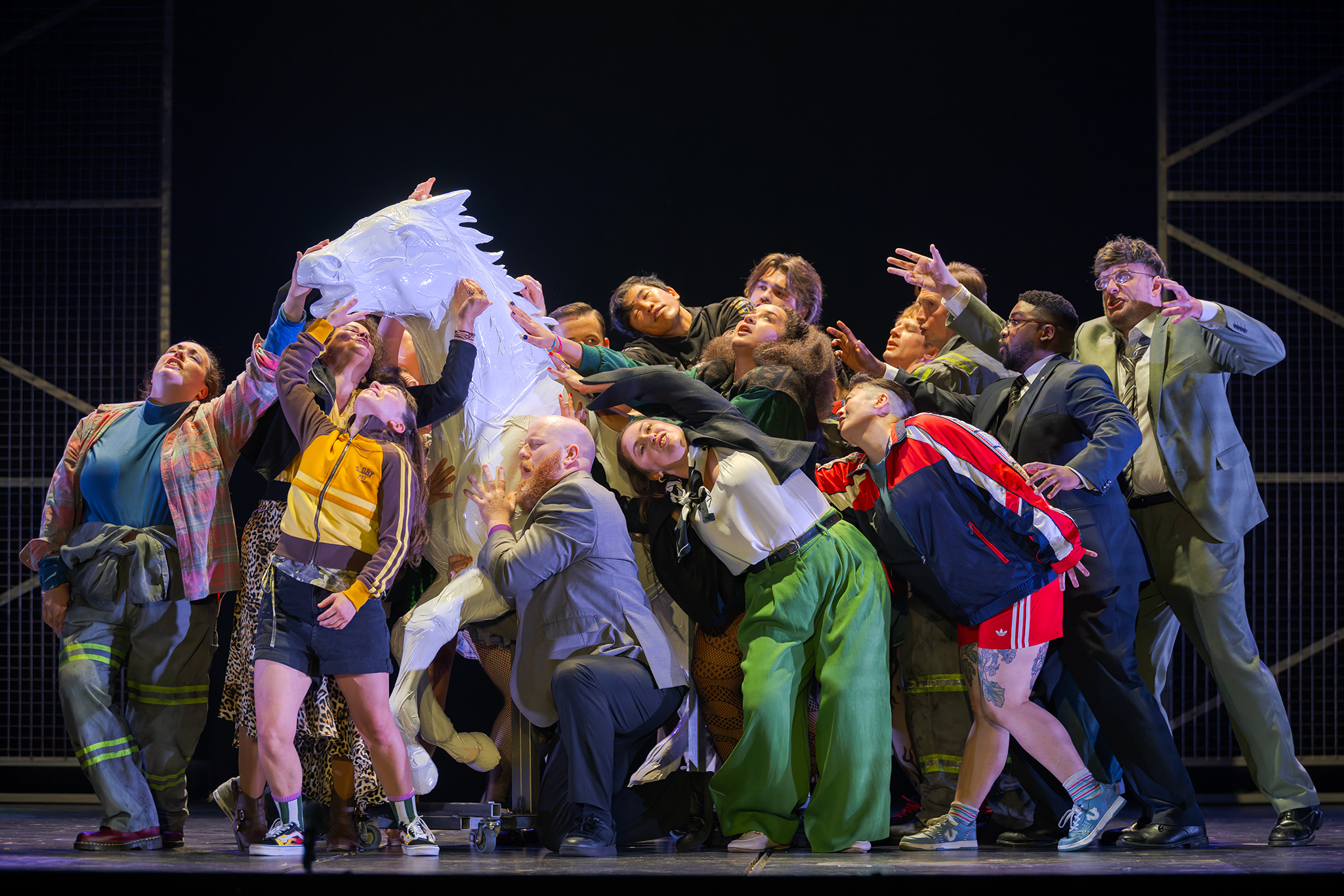 The chorus of The Galloping Cure. Scottish Opera 2026. Credit Christopher Bowen..