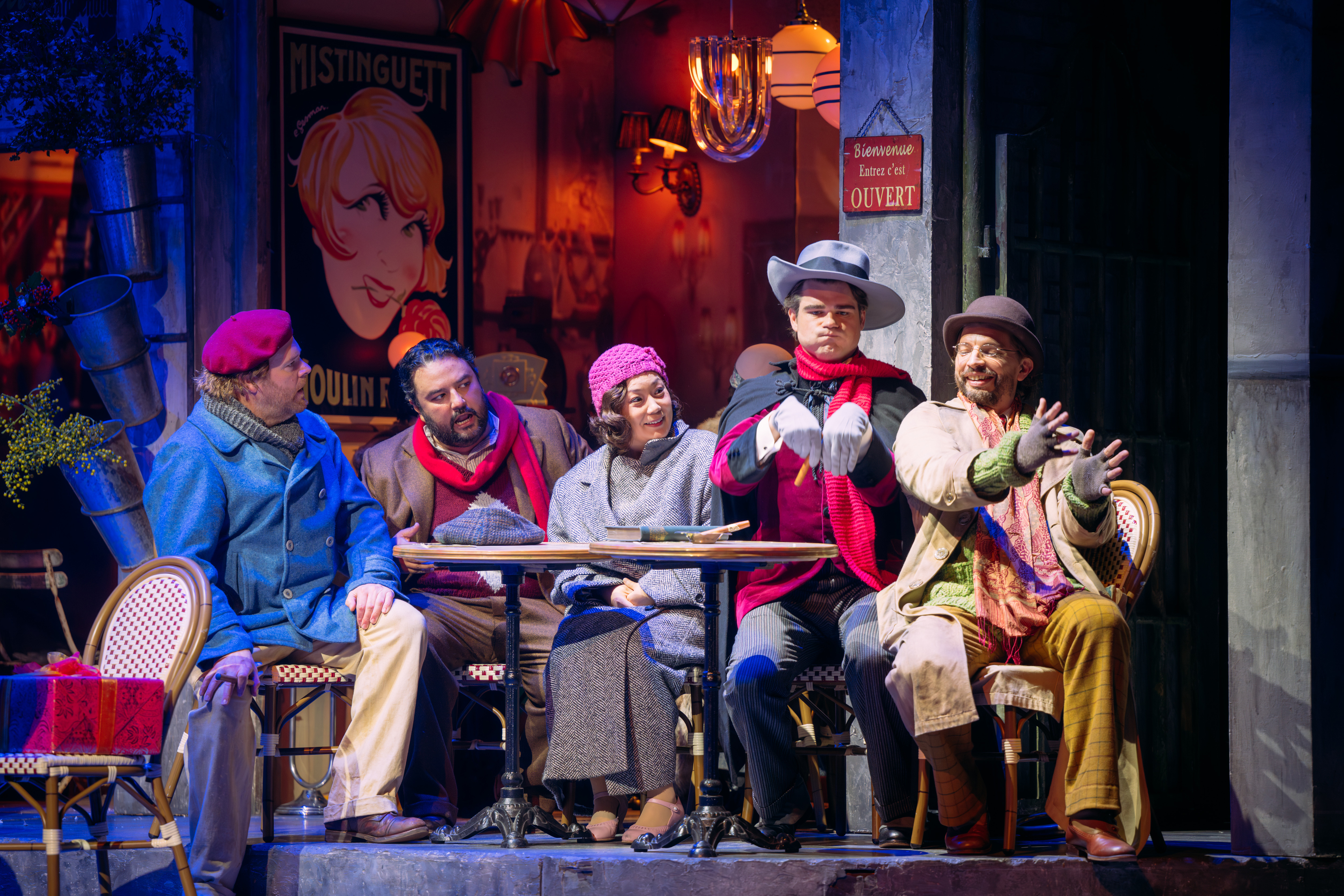 Roland Wood (Marcello), Mario Chang (Rodolfo), Hye Youn Lee (Mimi), Edward Jowle (Schaunard), And Callum Thorpe (Colline) In La Boheme 2025. Credit Mihaela Bodlovic..