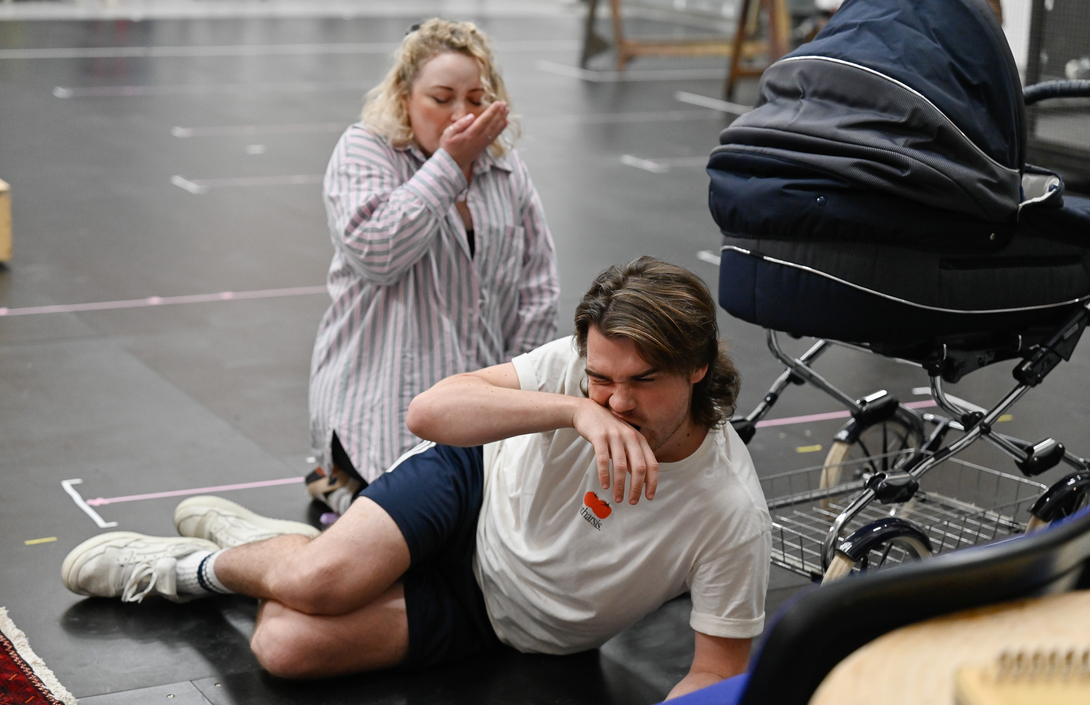Catriona Hewitson (Meg - A Dog) and Edward Jowle (Sam - A Dog) in rehearsal for The Galloping Cure. Scottish Opera 2026. Credit Julie Howden..