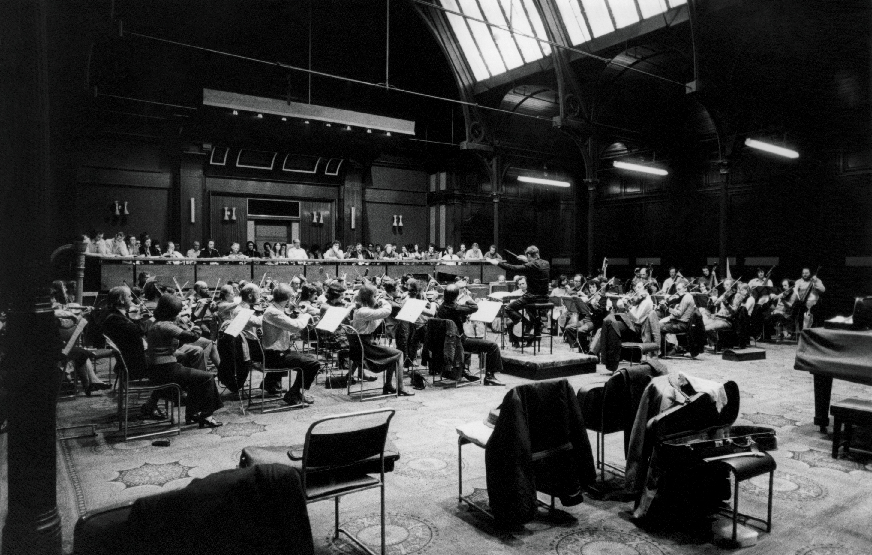 Sir Alexander Gibson And The Scottish National Orchestra at a recording session (perhaps in Govan Town Hall) © Eric Thorburn