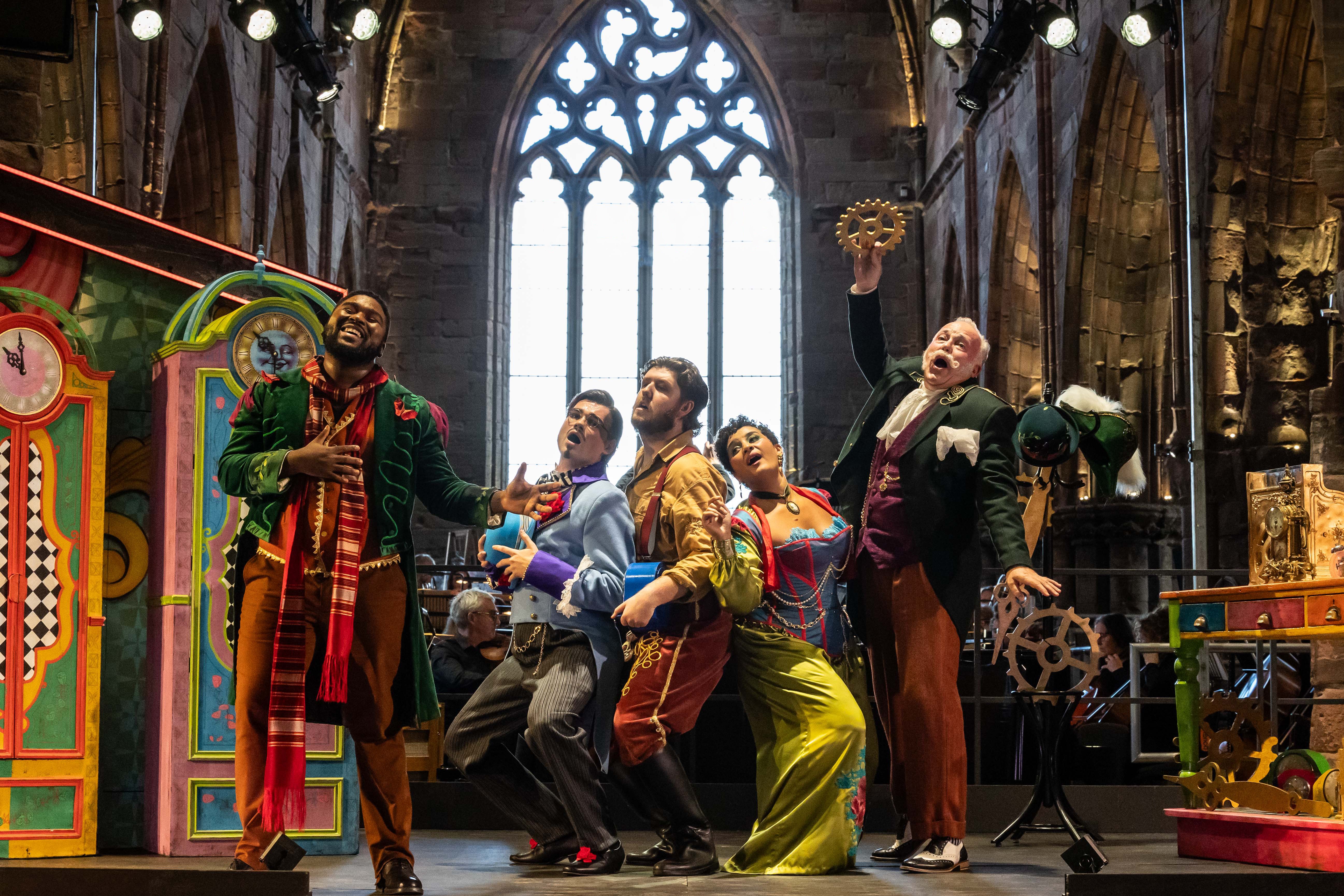 Luvo Maranti, Edward Jowle, Daniel Barrett, Lea Shaw And Jamie MacDougall In Scottish Opera's L'heure Espagnole. Credit Sally Jubb..