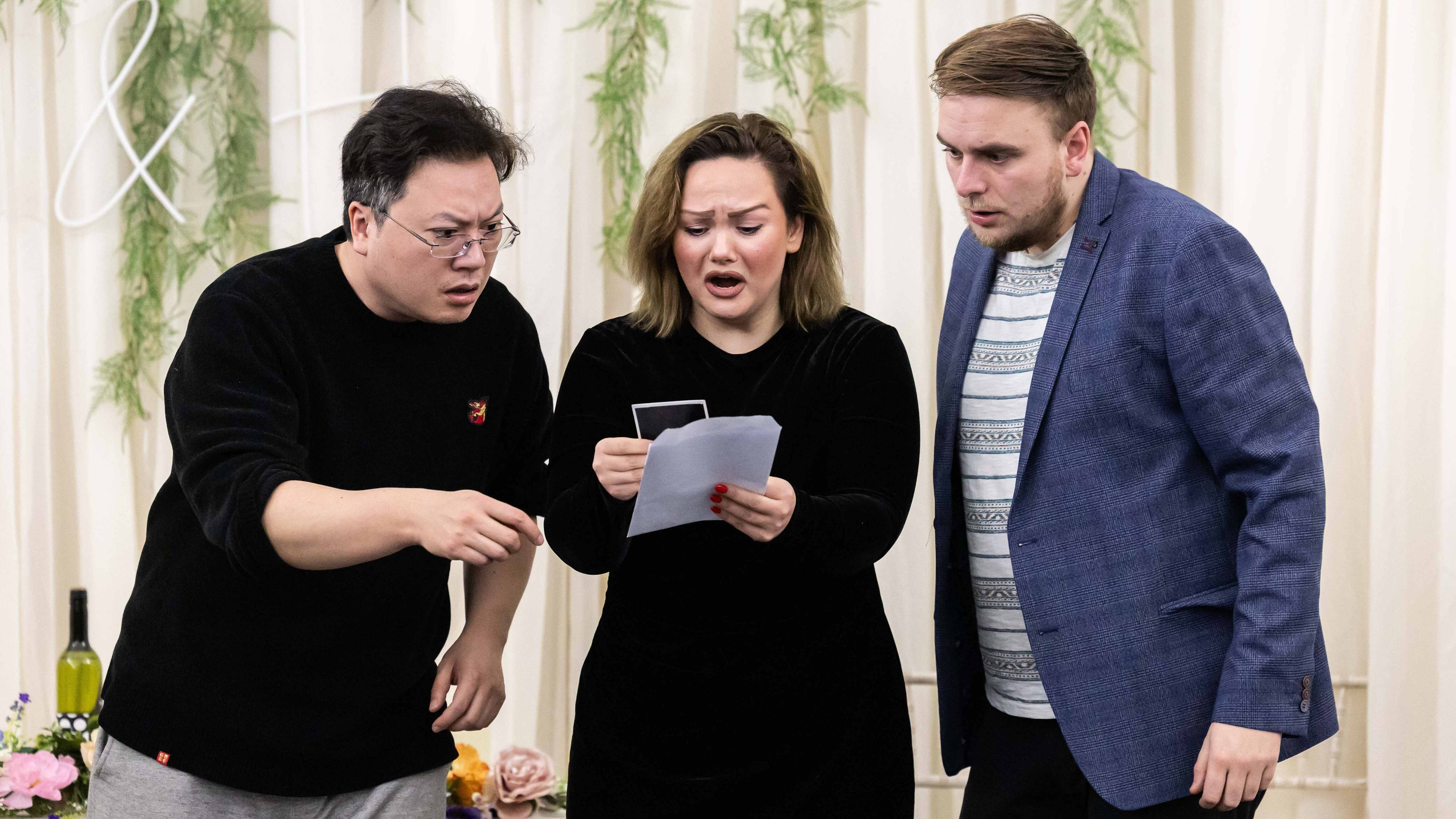 Shengzhi Ren, Inna Husieva and Ross Cumming during rehearsals for Opera Highlights Spring Tour. Scottish Opera 2024. Credit Sally Jubb..