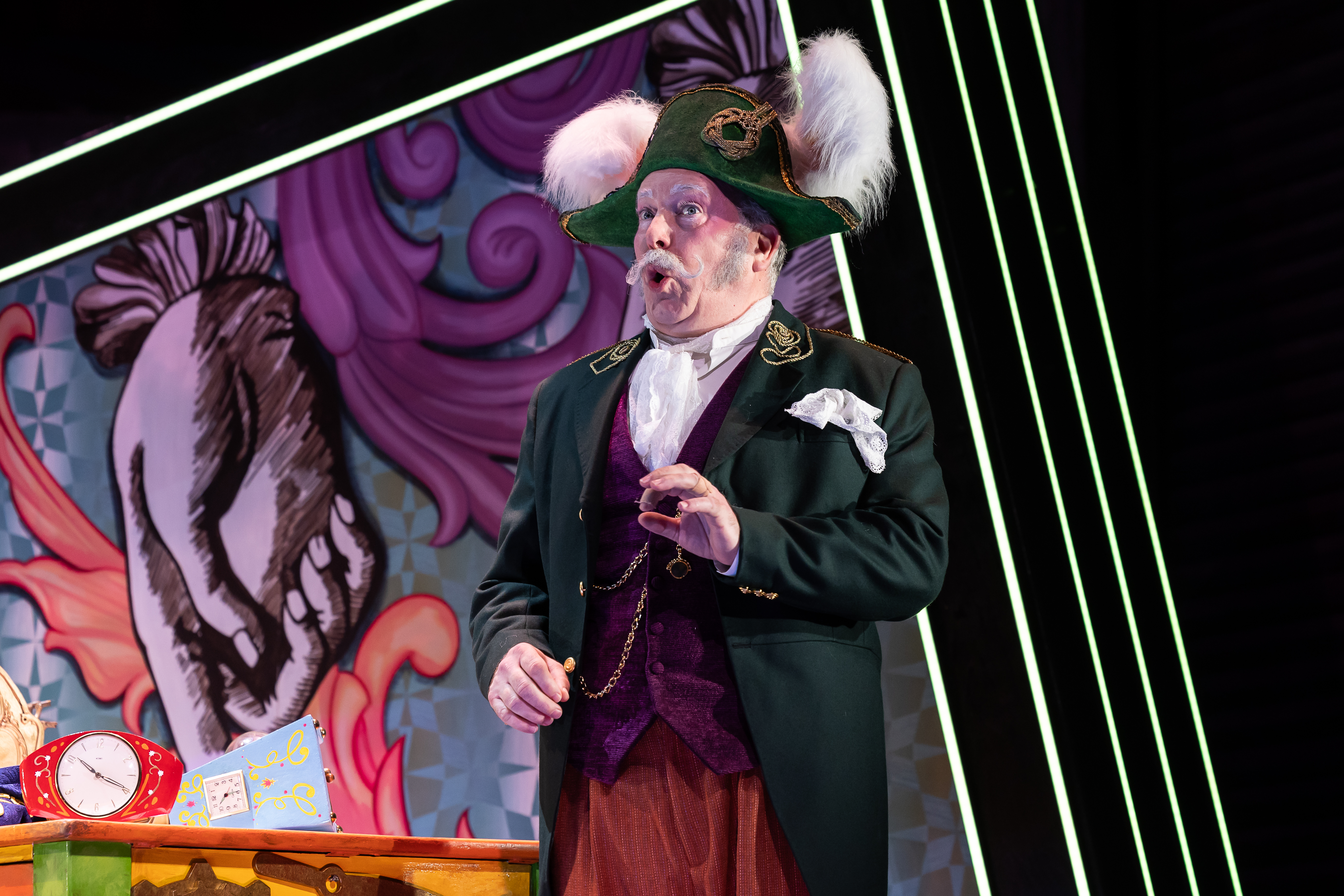 Jamie Macdougall (Torquemada) In L'heure Espagnole. Scottish Opera. Credit Sally Jubb..
