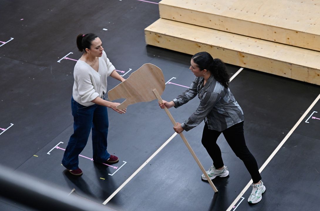 Daniela Mack ( Theresa Hart) and Gabrielle Turgeon (Noy) in rehearsal for The Galloping Cure. Scottish Opera 2026. Credit Julie Howden..