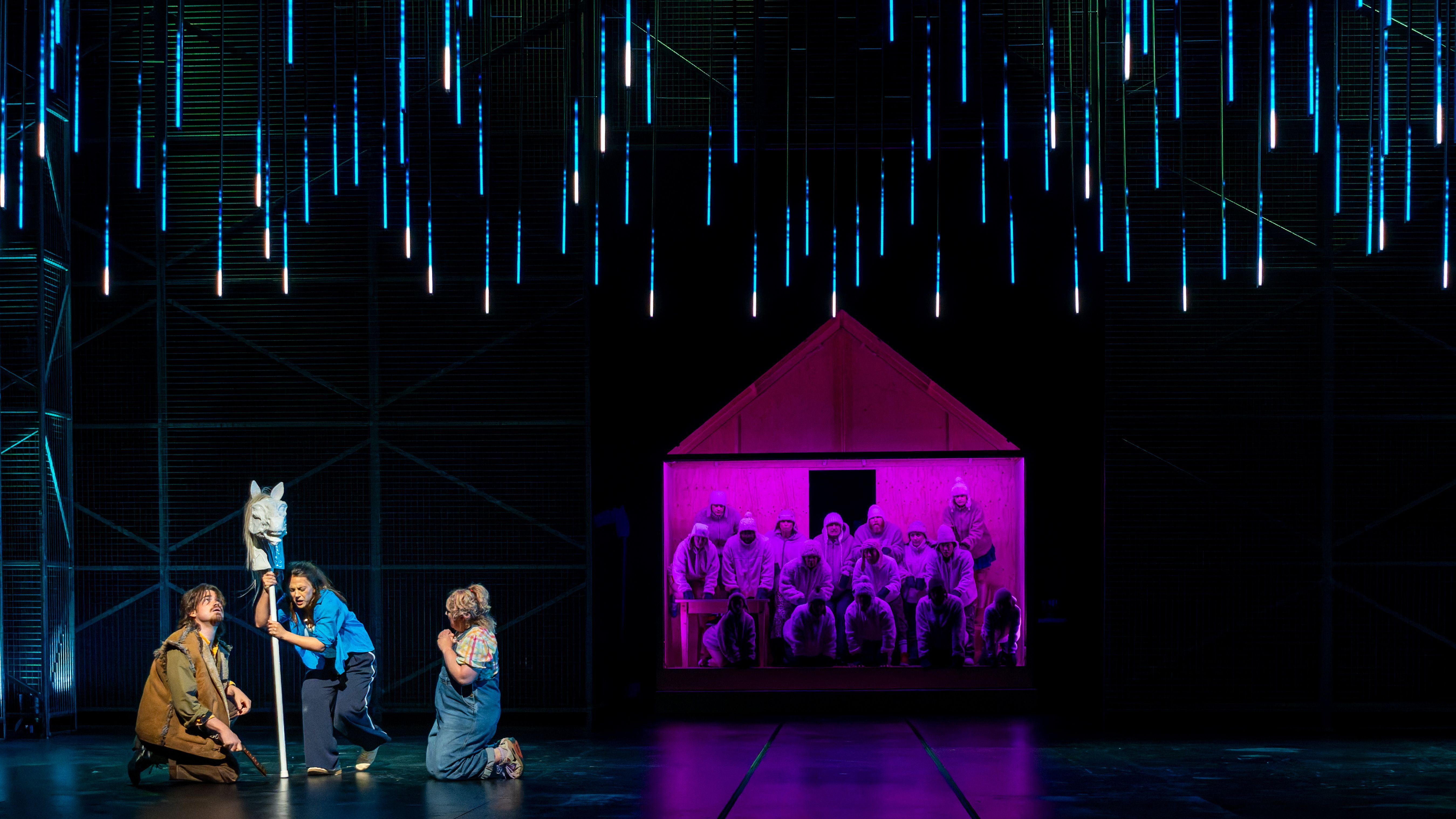 Edward Jowle (Sam), Daniela Mack (Theresa Hart) and Catriona Hewitson (Meg) in The Galloping Cure. Scottish Opera 2026. Credit Christopher Bowen..